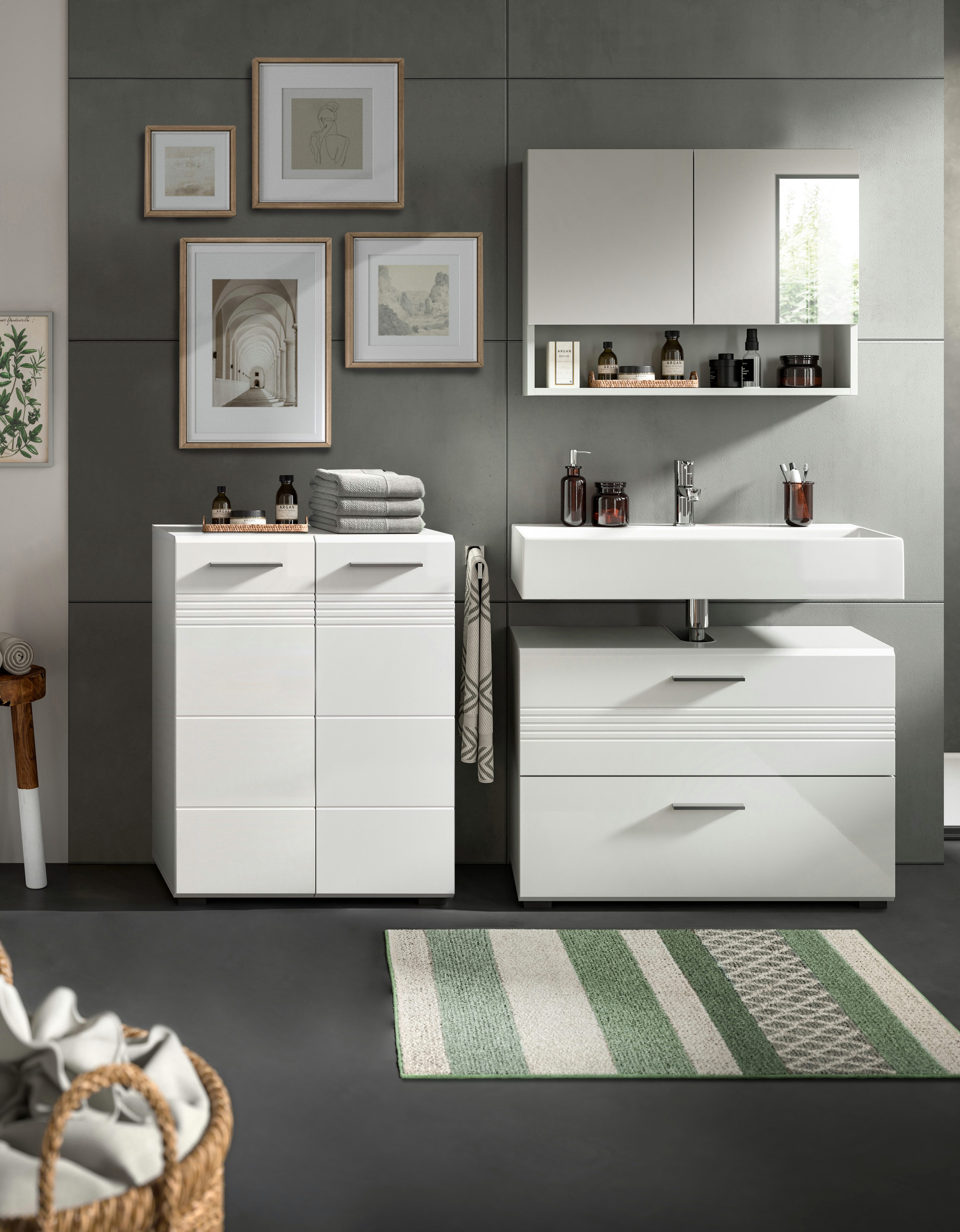 welltime Badmeubelset Calicio, bestaande uit: midikast, wastafelonderkast Spiegelschrank, hoogwaardige MDF front met groeffrasing (3 stuks)