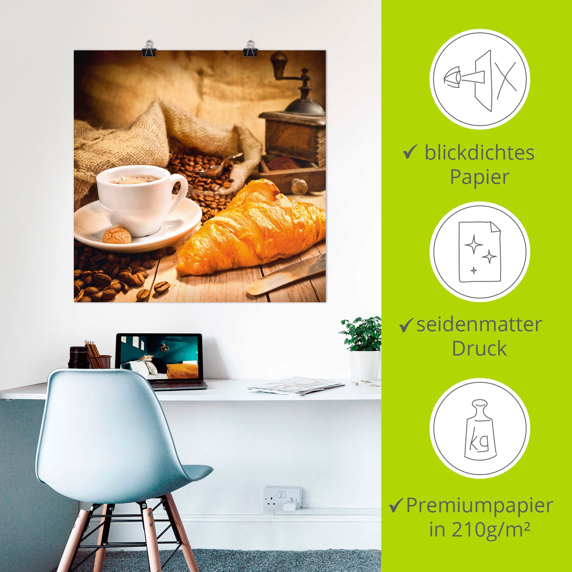 Artland Artprint Koffiekopje met croissant als artprint op linnen, poster in verschillende formaten maten