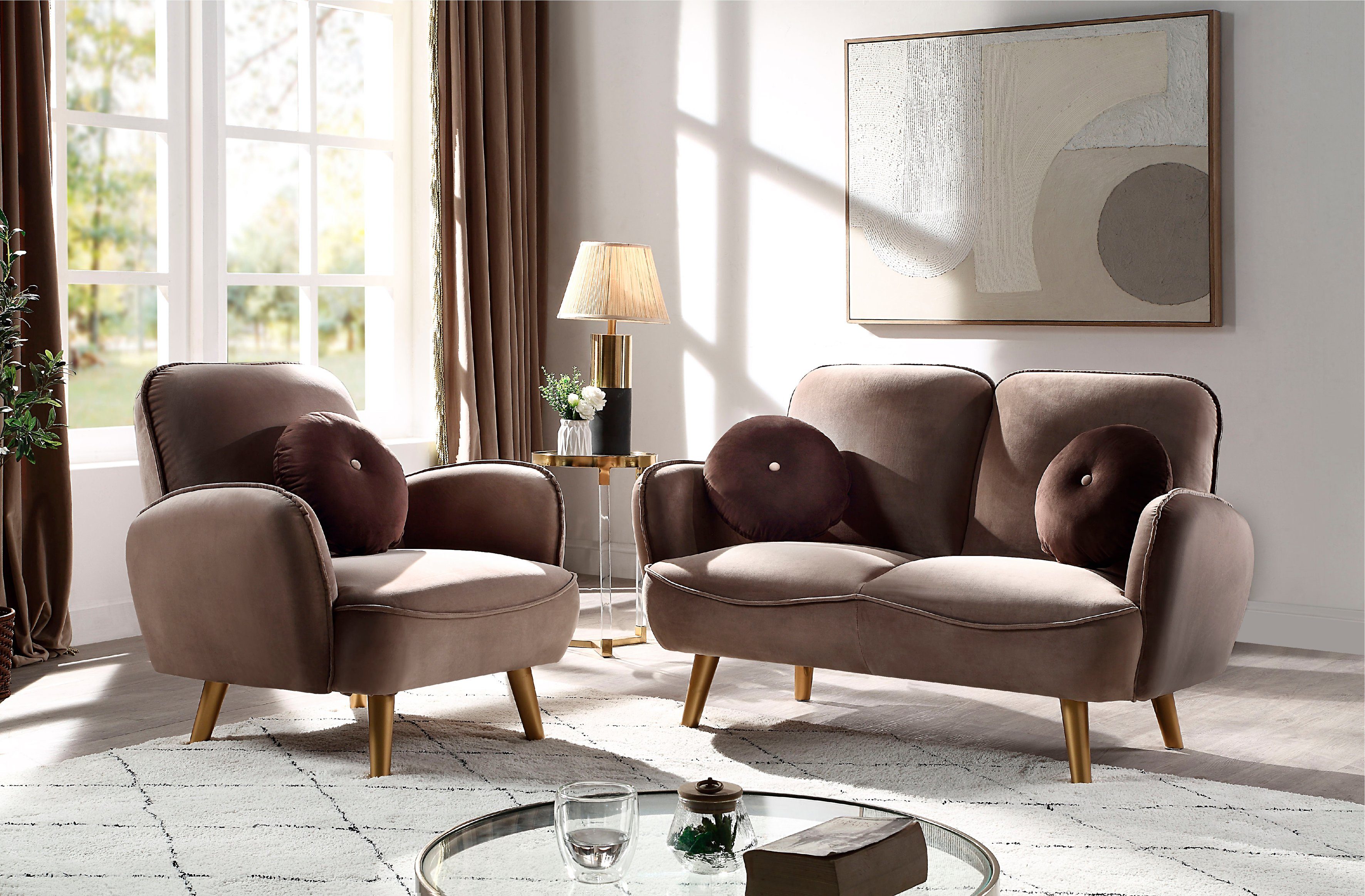 ATLANTIC home collection 2-zitsbank Ben met nosagvering, incl. 2 sierkussens, goudkleurige massief houten poten