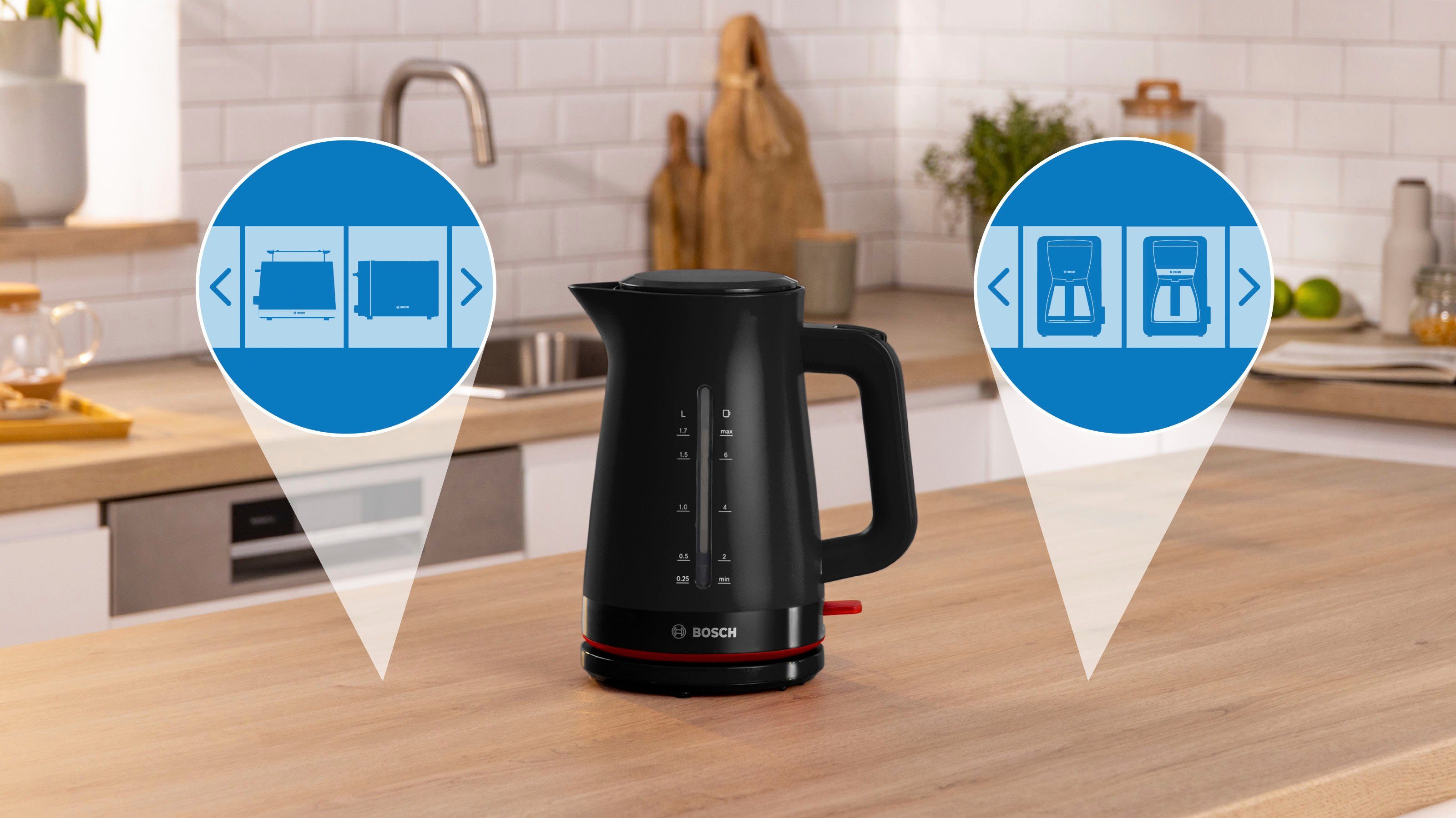 BOSCH Waterkoker MyMoment TWK3M123, 1,7 l, Automatische uitschakeling, kopjesweergave, aan beide kanten waterniveauaanduiding