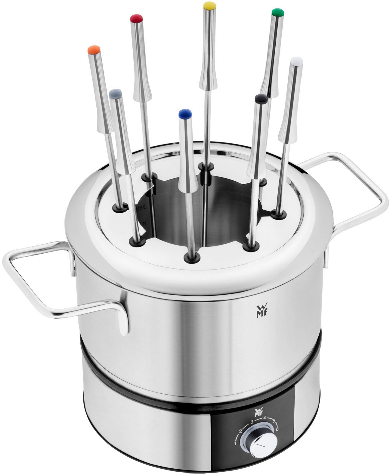 WMF Elektrische fonduepan LONO, met spatbeschermingsring, kleurgecodeerde fonduvorken