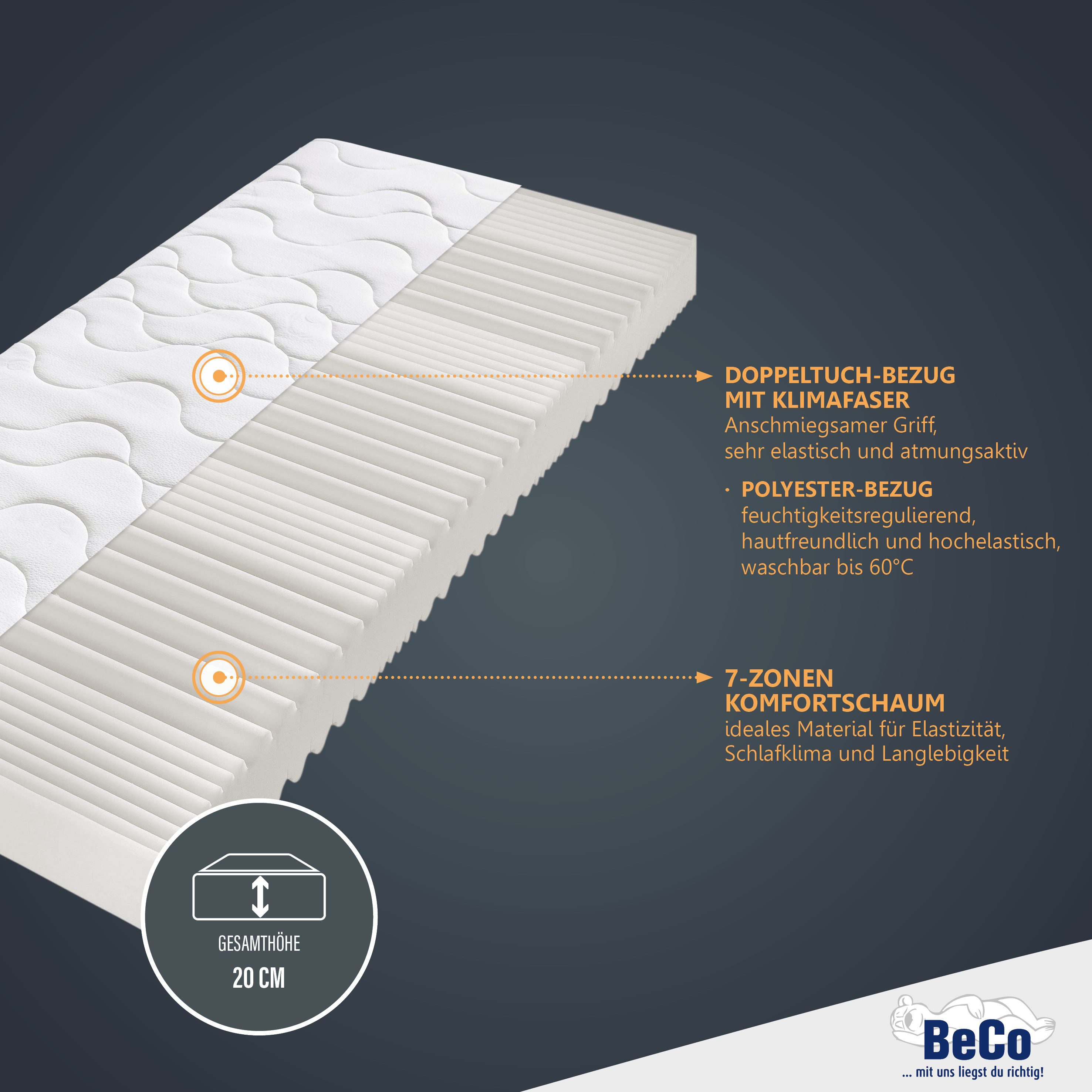 Beco Comfortschuimmatras Double Deluxe matras 20, matras in 90x200 cm en andere afm Matras door de TÜV SÜD getest*, meer dan 2.000 5-sterren-beoordelingen! hoogte 20 cm