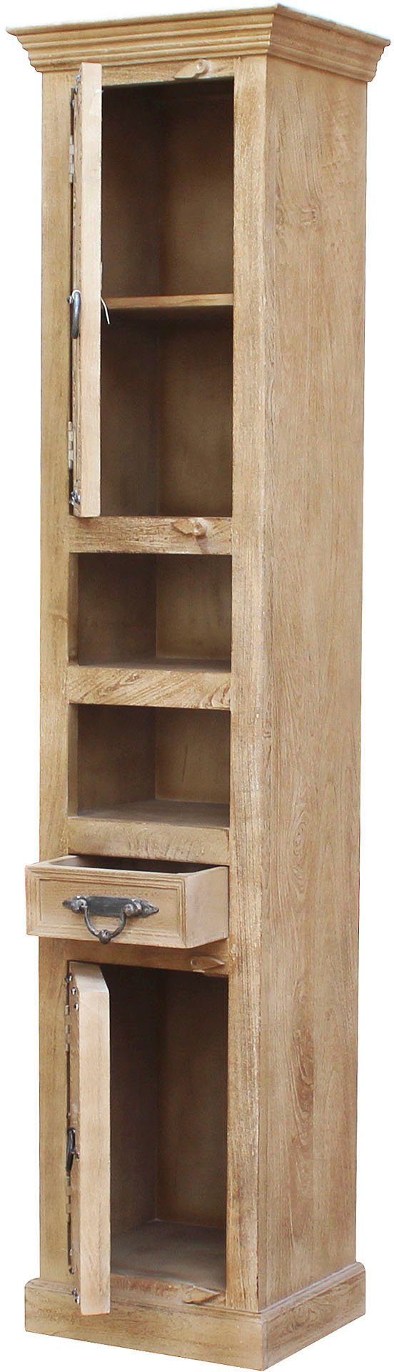 SIT Vitrinekast Daipur met glazen deur en 1 lade. 2 open vakken gegraveerde versieringen, breedte 44/hoogte 188 cm