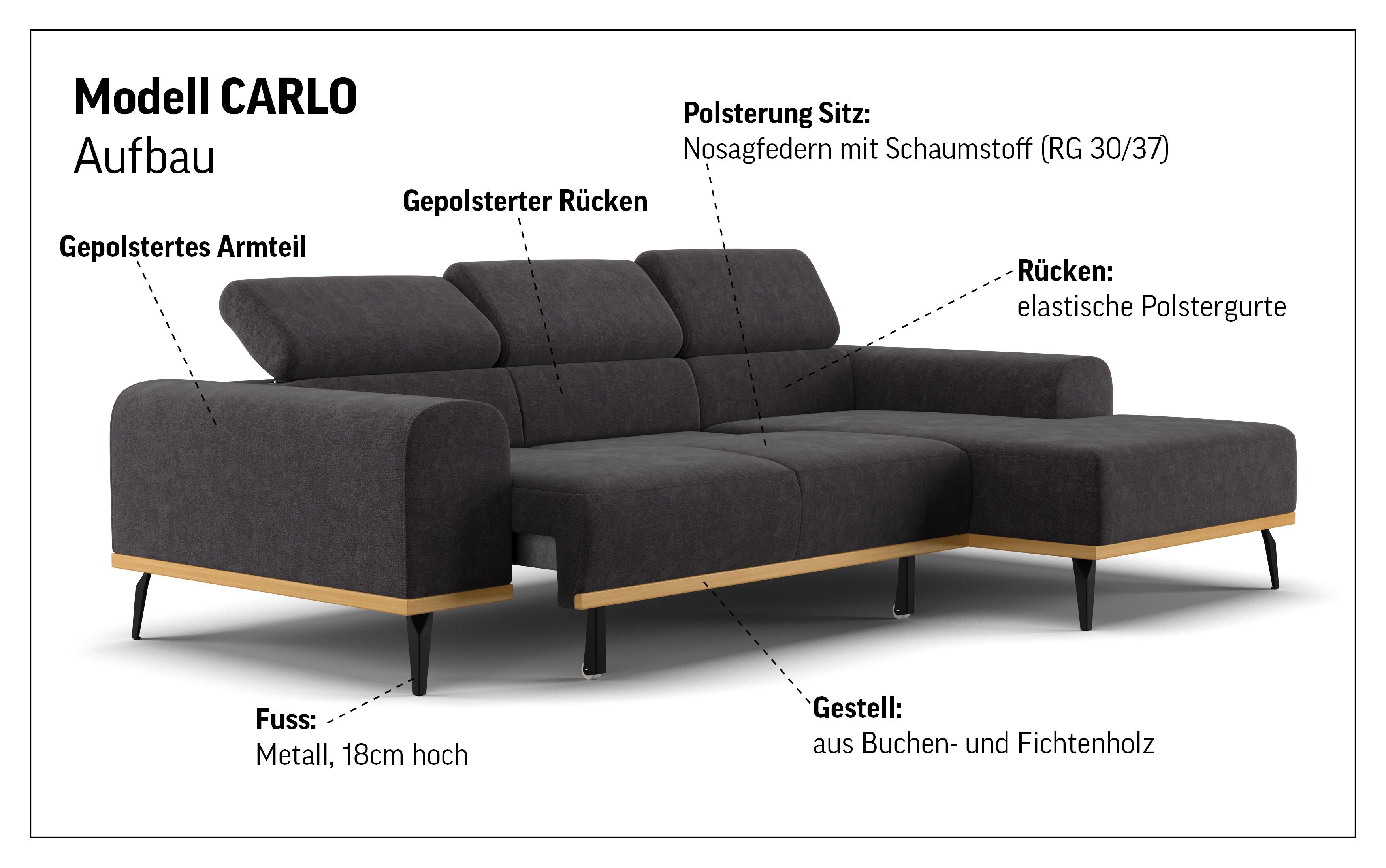 Places of Style Hoekbank Carlo L-vorm met hoofdeinde-verstelling & houten frame-look, optionele relaxfunctie