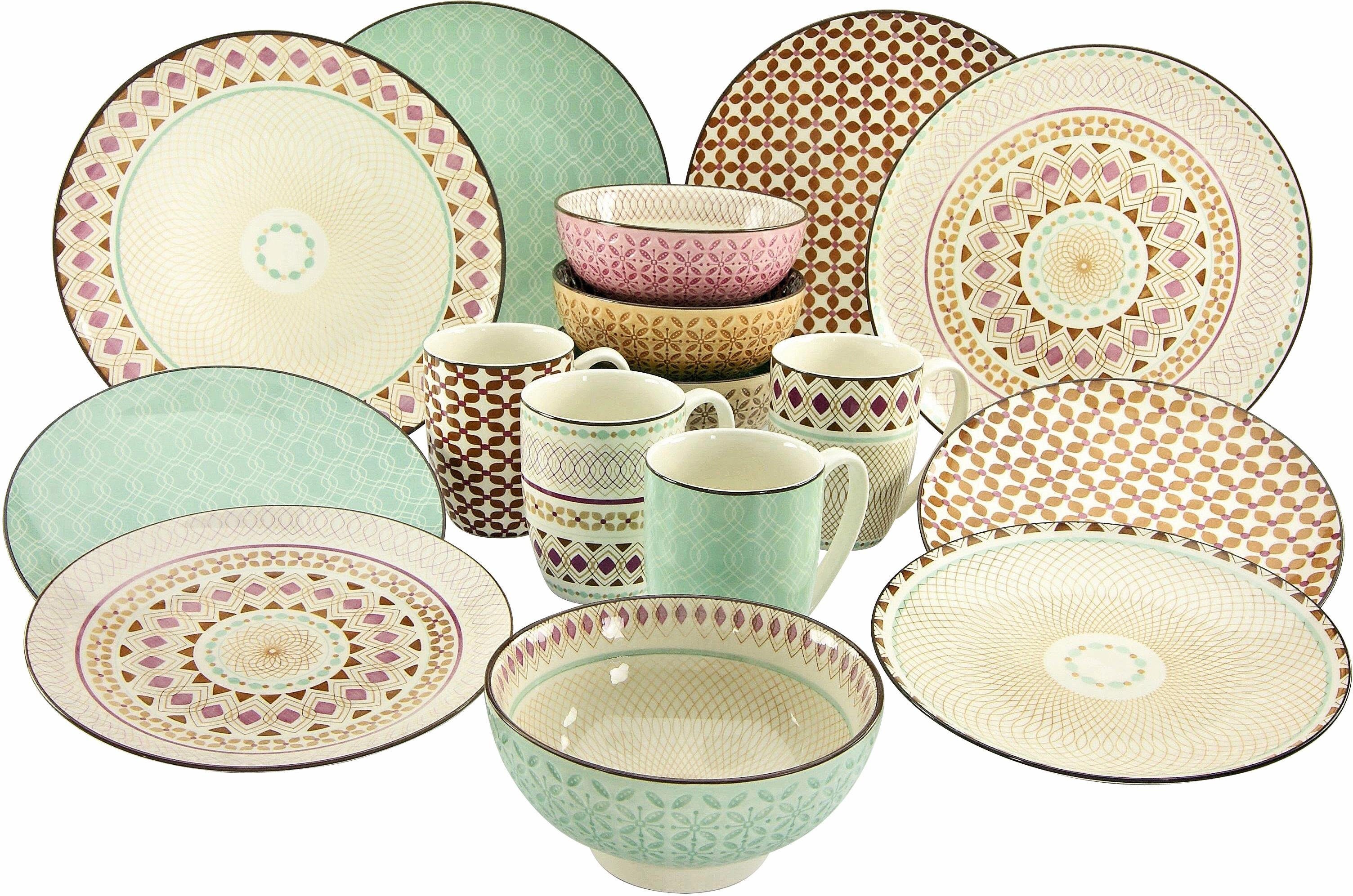 CreaTable Combi-servies Servies-set Mandala Servies, 4 designs, 16 delen, voor 4 personen (set, 16-delig)