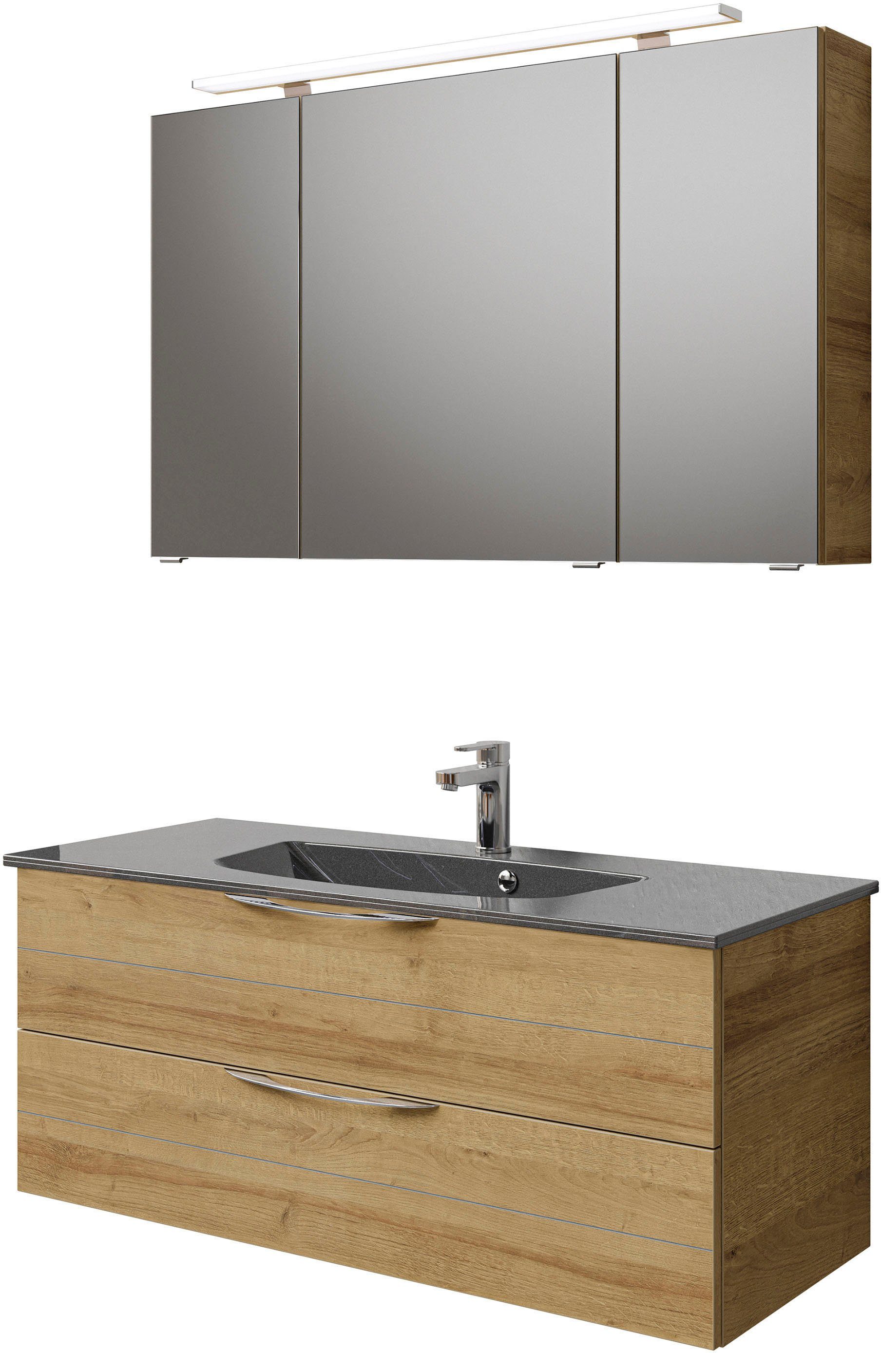 Saphir Badkamerserie Serie 6025 2-delig, mineraalmarmeren wastafel met led-spiegelkast Wastafelmeubel 117 cm breed, 2 laden, 3 spiegeldeuren, incl.