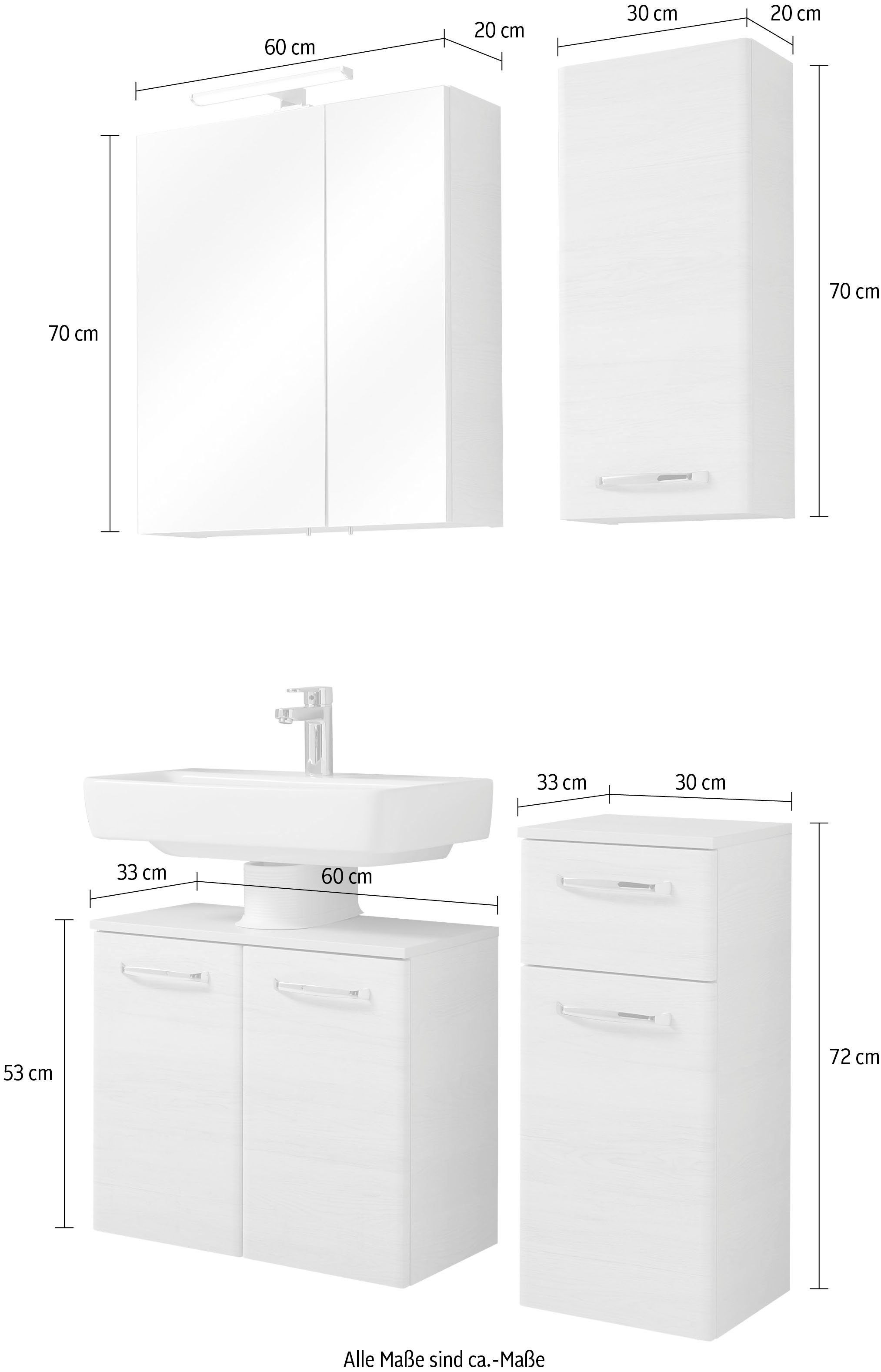 Saphir Badkamerserie Quickset 936 4-delig, wastafelonderkast met LED-spiegelkast zonder wastafel, incl. deurdemper, 6 deuren, handgrepen chroom glans (set, 4-delig)