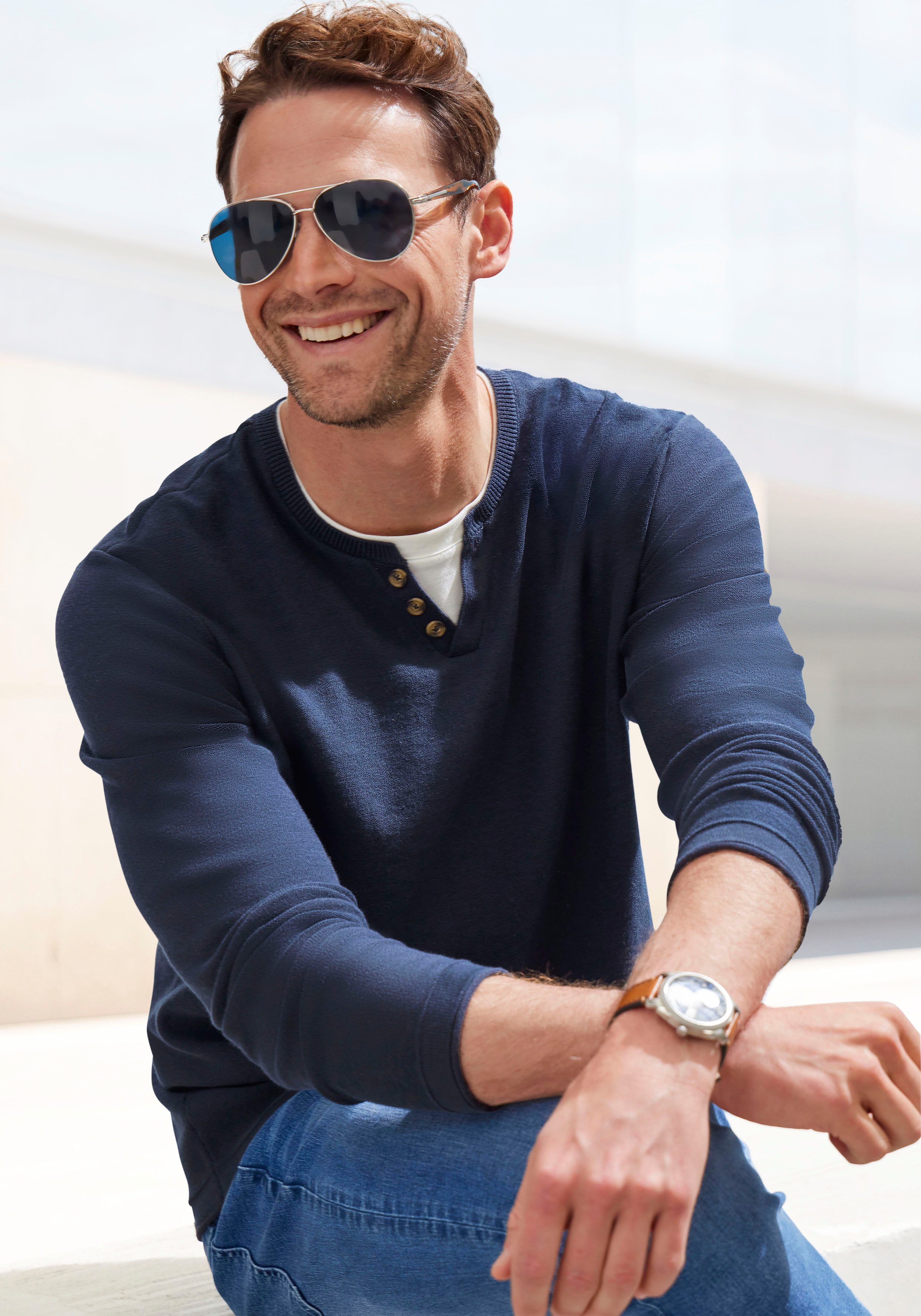 H.I.S Gebreide trui Pullover met hoogwaardige halsafwerking in double-layer look