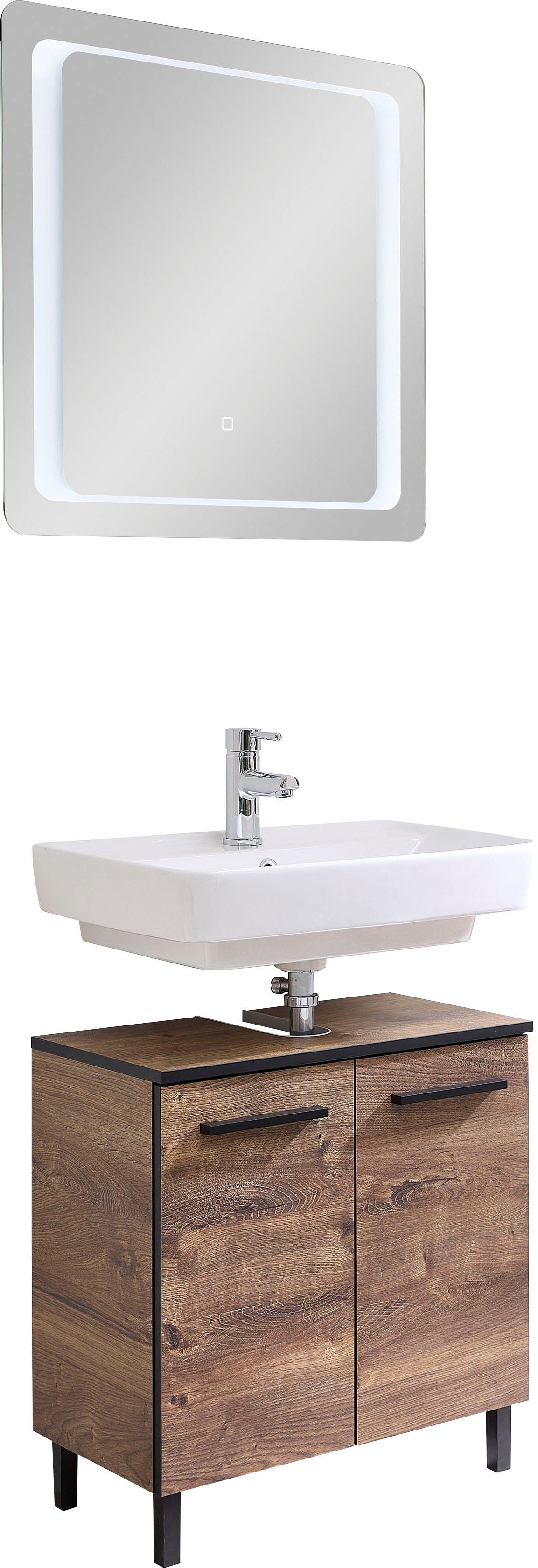 Saphir Badkamerserie Quickset wastafelonderkast met LED-spiegel Wastafel 60 cm breed, inclusief deurdemper, 2 deuren, badset (4-delig) badmeubelsets
