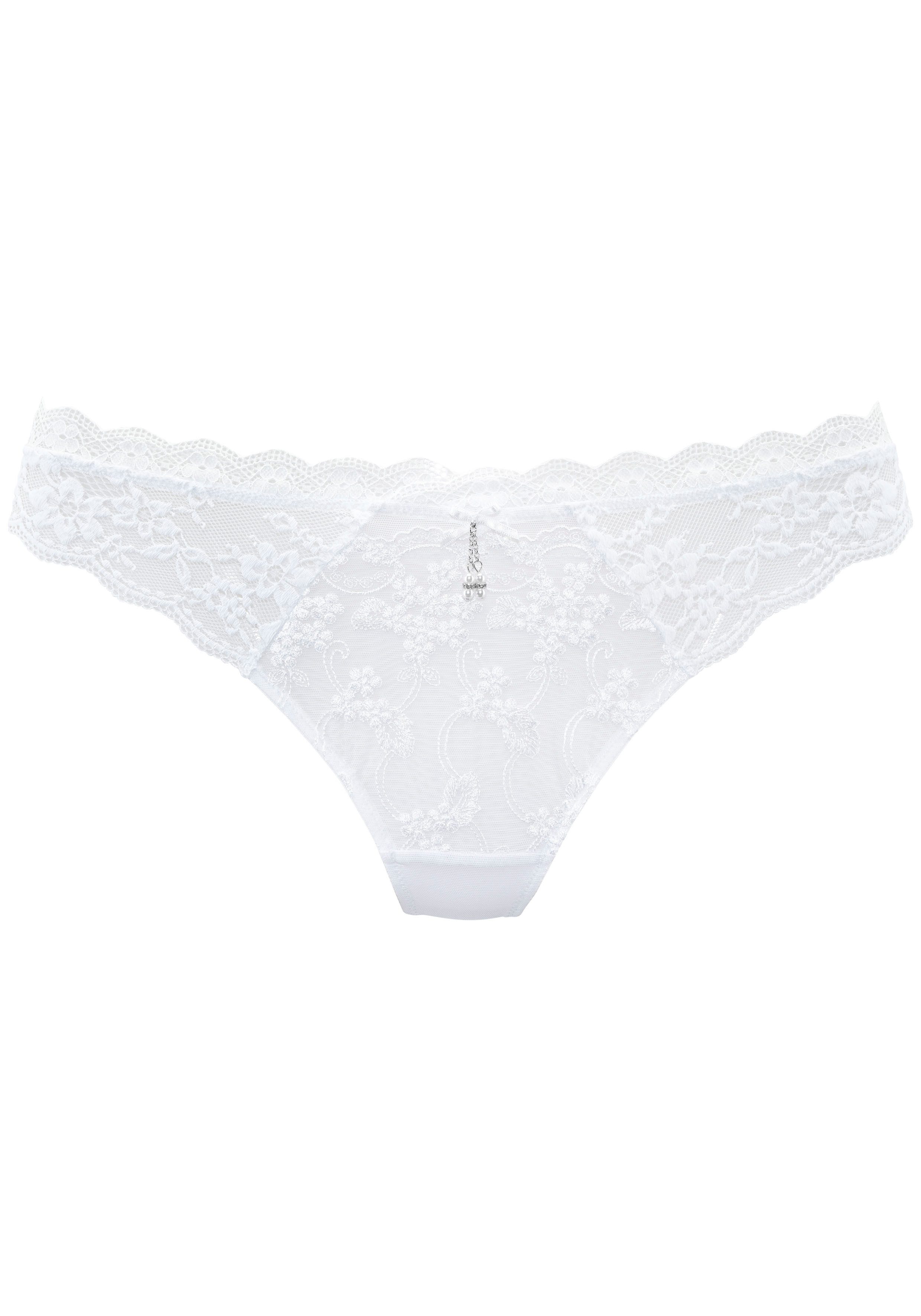 Lascana String van edele geborduurde kant en zij jacquard kantinzetten