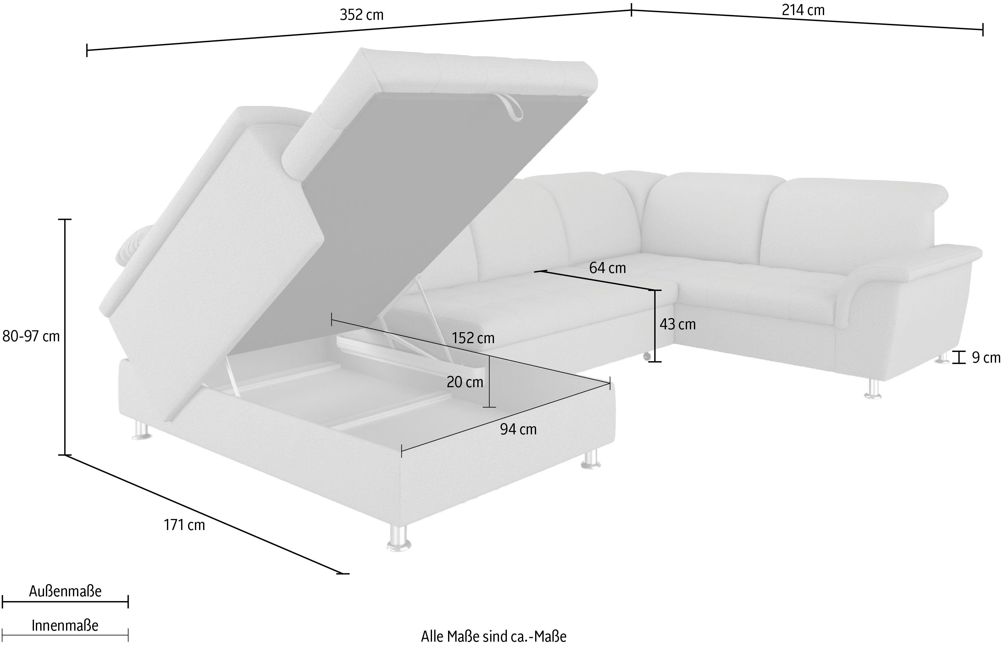 DOMO collection Zithoek Franzi optioneel met bedfunctie, bedkast & hoofdsteunverstelling