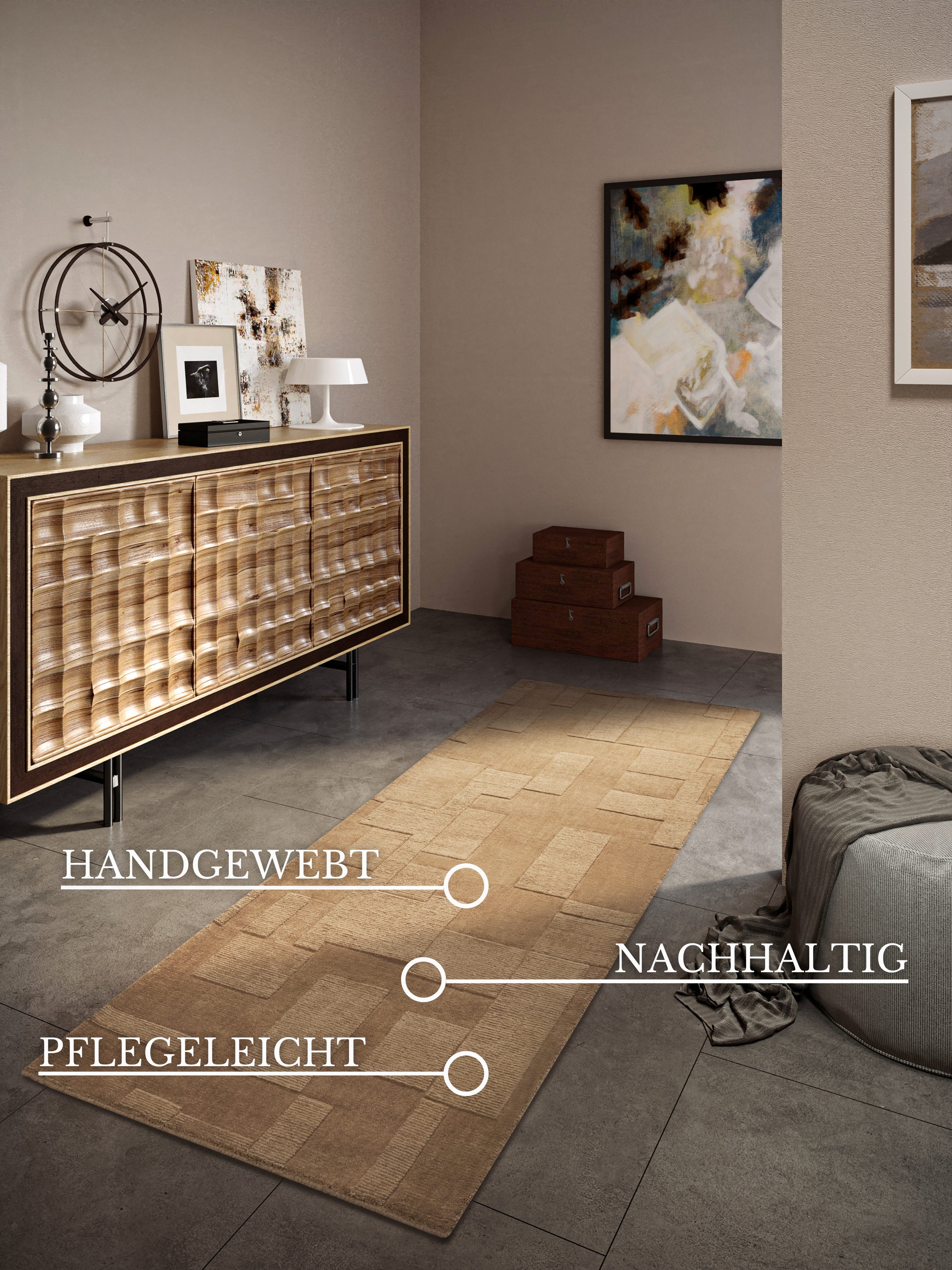 Villeroy & Boch Wollen kleed Wilhelmine Loper, handgeweven, wol, natuur, woonkamer, geometrie, boho