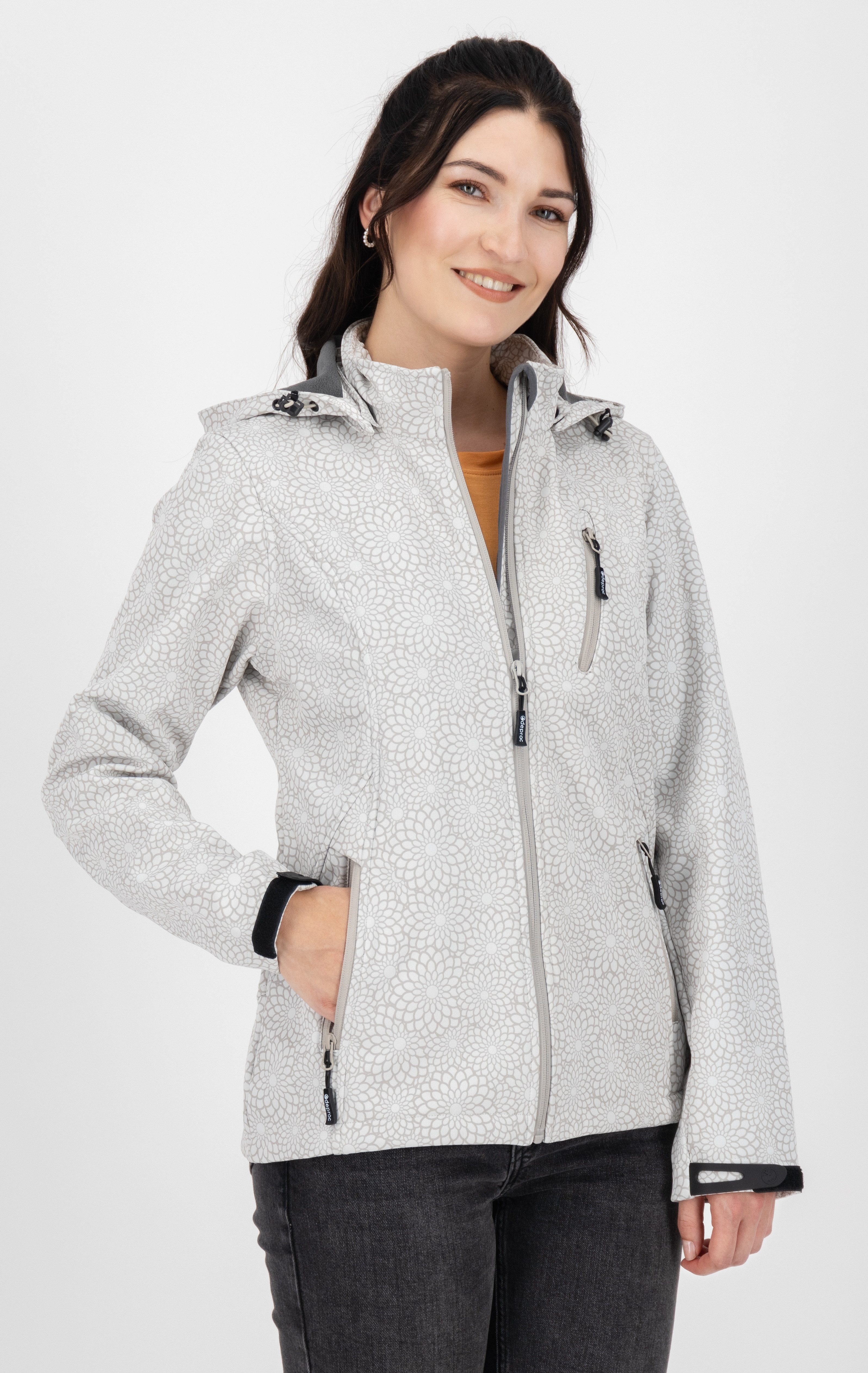 DEPROC Active Softshell-jack SHELBY PEAK DC licht softshell-jack met all-over-print en afneembare capuchon