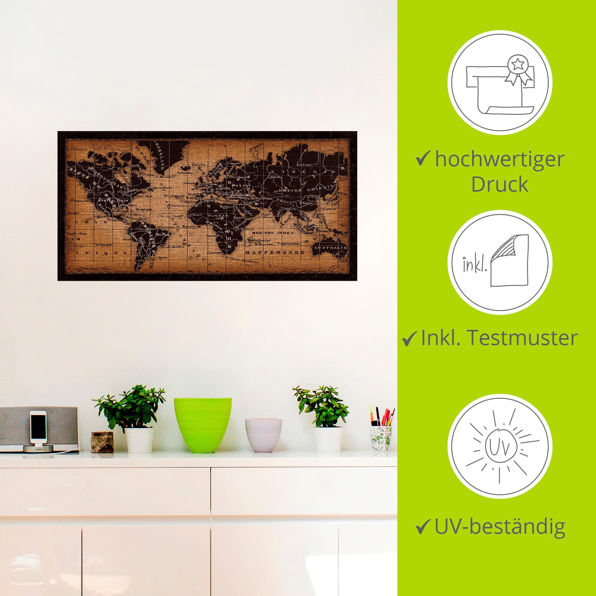 Artland Artprint Oude wereldkaart als artprint op linnen, poster, muursticker in verschillende maten