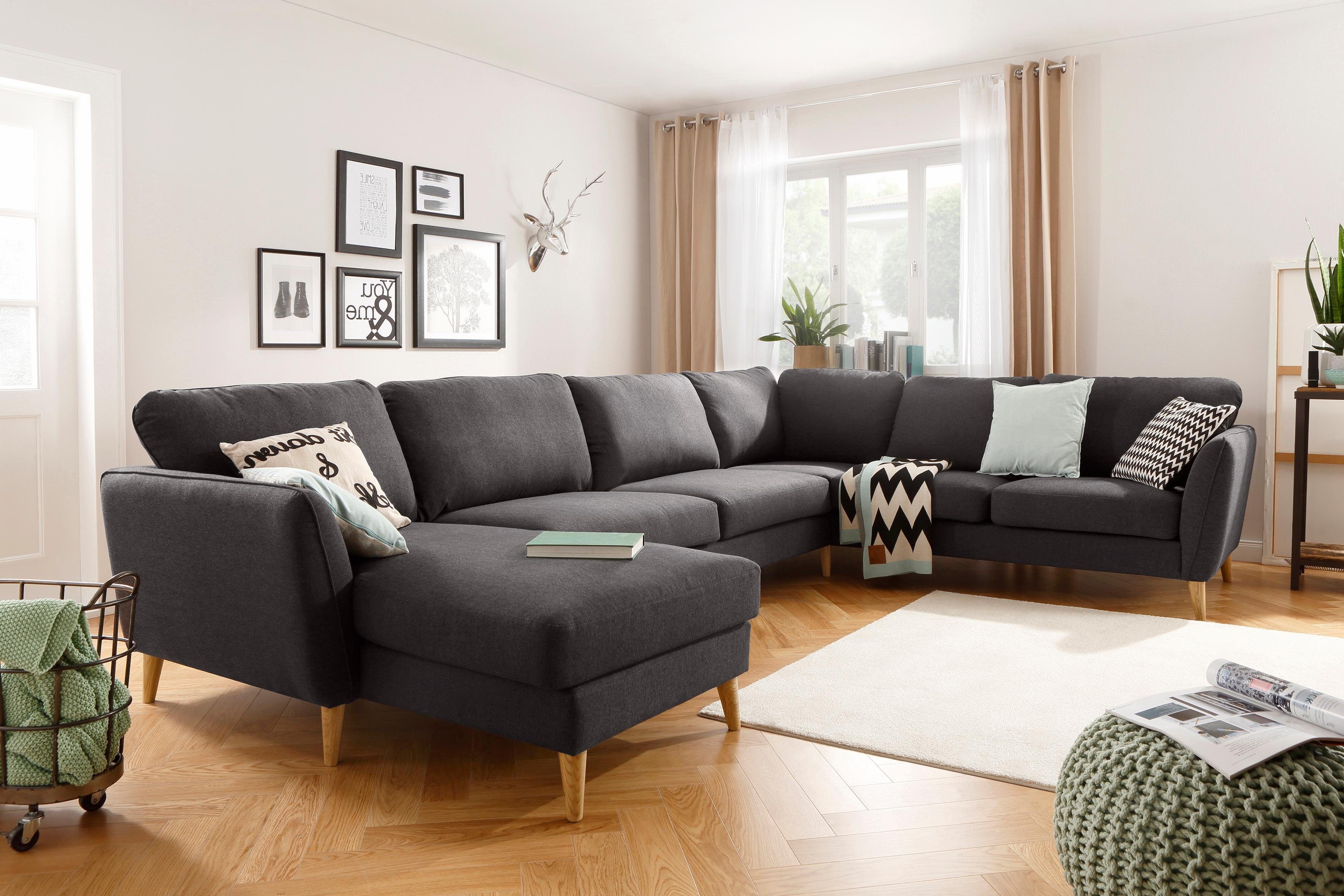Home affaire Zithoek MARSEILLE XXL 349cm, U-vorm, ottomane rechts/links kiesbaar Massief houten poten van eiken, in verschillend overtrekken en kleurvarianten