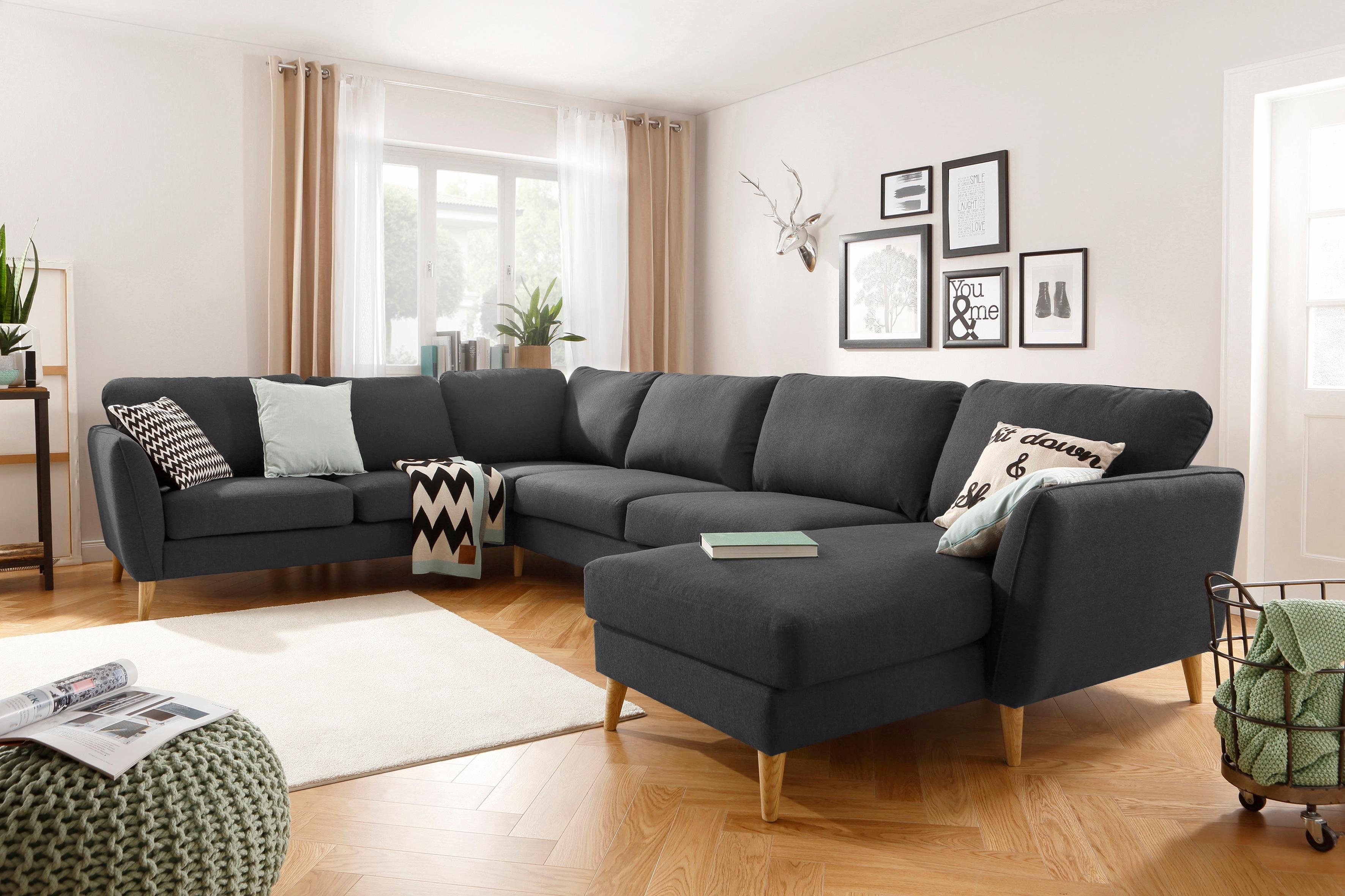 Home affaire Zithoek MARSEILLE XXL 349cm, U-vorm, ottomane rechts/links kiesbaar Massief houten poten van eiken, in verschillend overtrekken en kleurvarianten