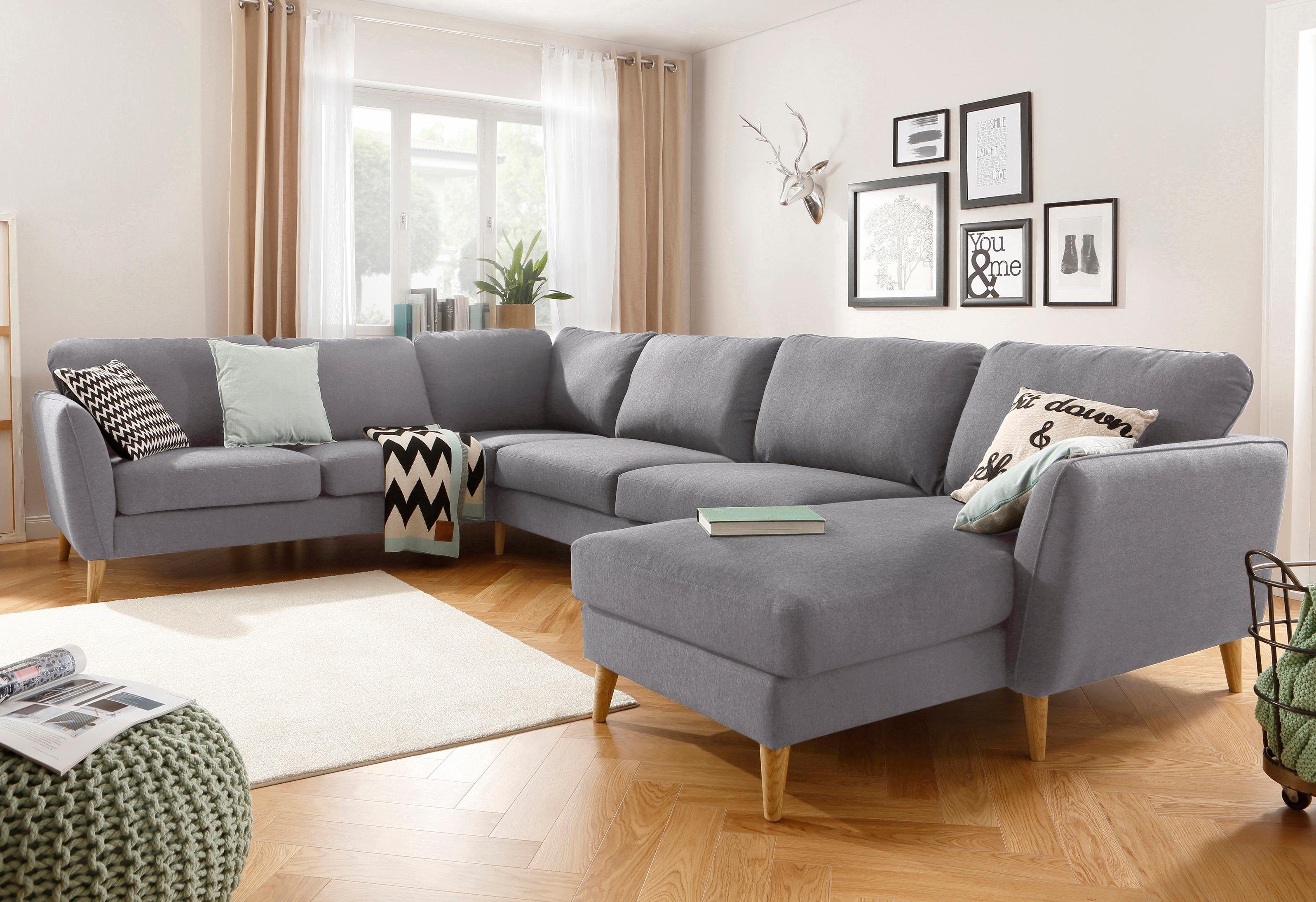 Home affaire Zithoek MARSEILLE XXL 349cm, U-vorm, ottomane rechts/links kiesbaar Massief houten poten van eiken, in verschillend overtrekken en kleurvarianten