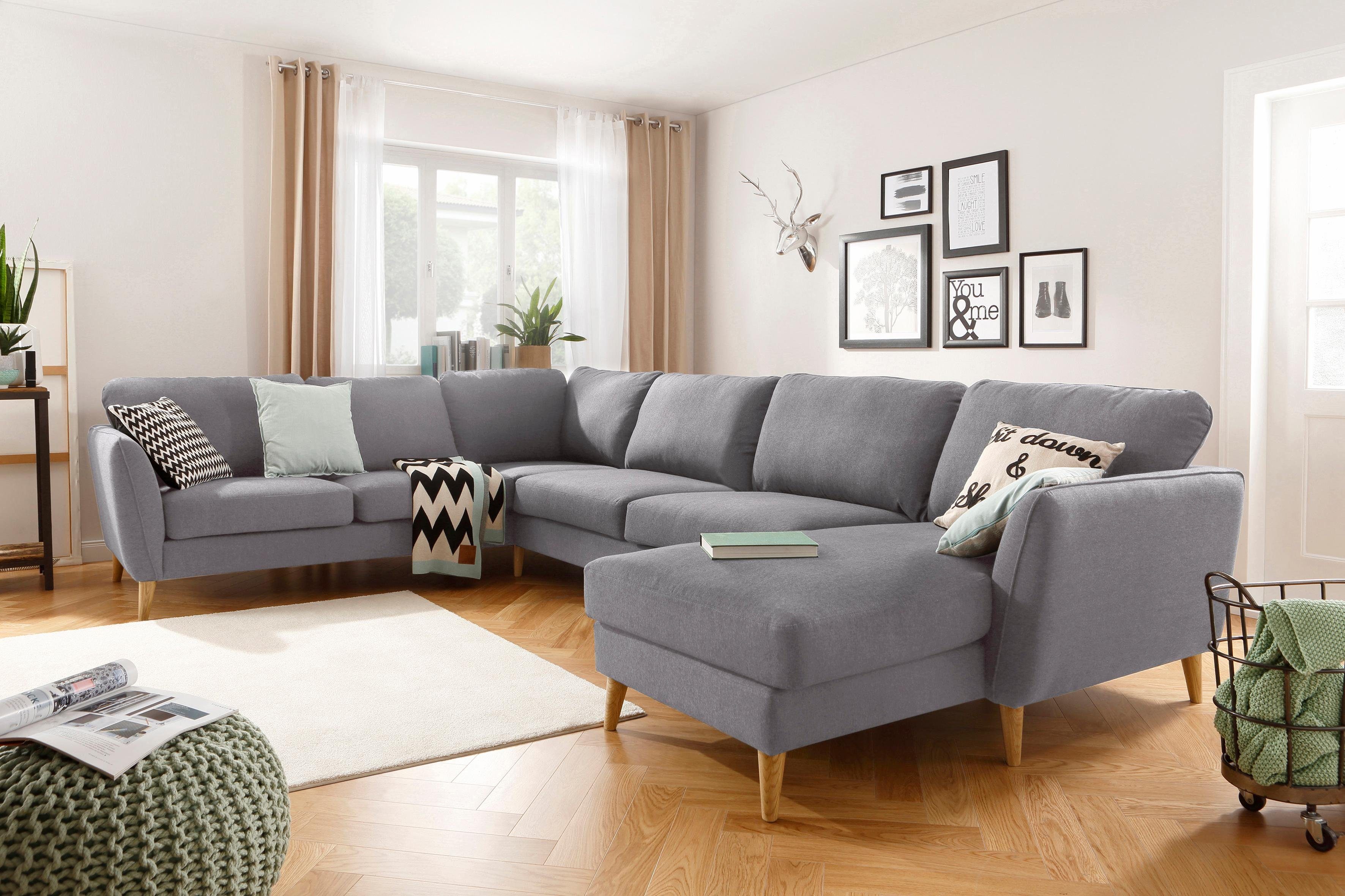 Home affaire Zithoek MARSEILLE XXL 349cm, U-vorm, ottomane rechts/links kiesbaar Massief houten poten van eiken, in verschillend overtrekken en kleurvarianten