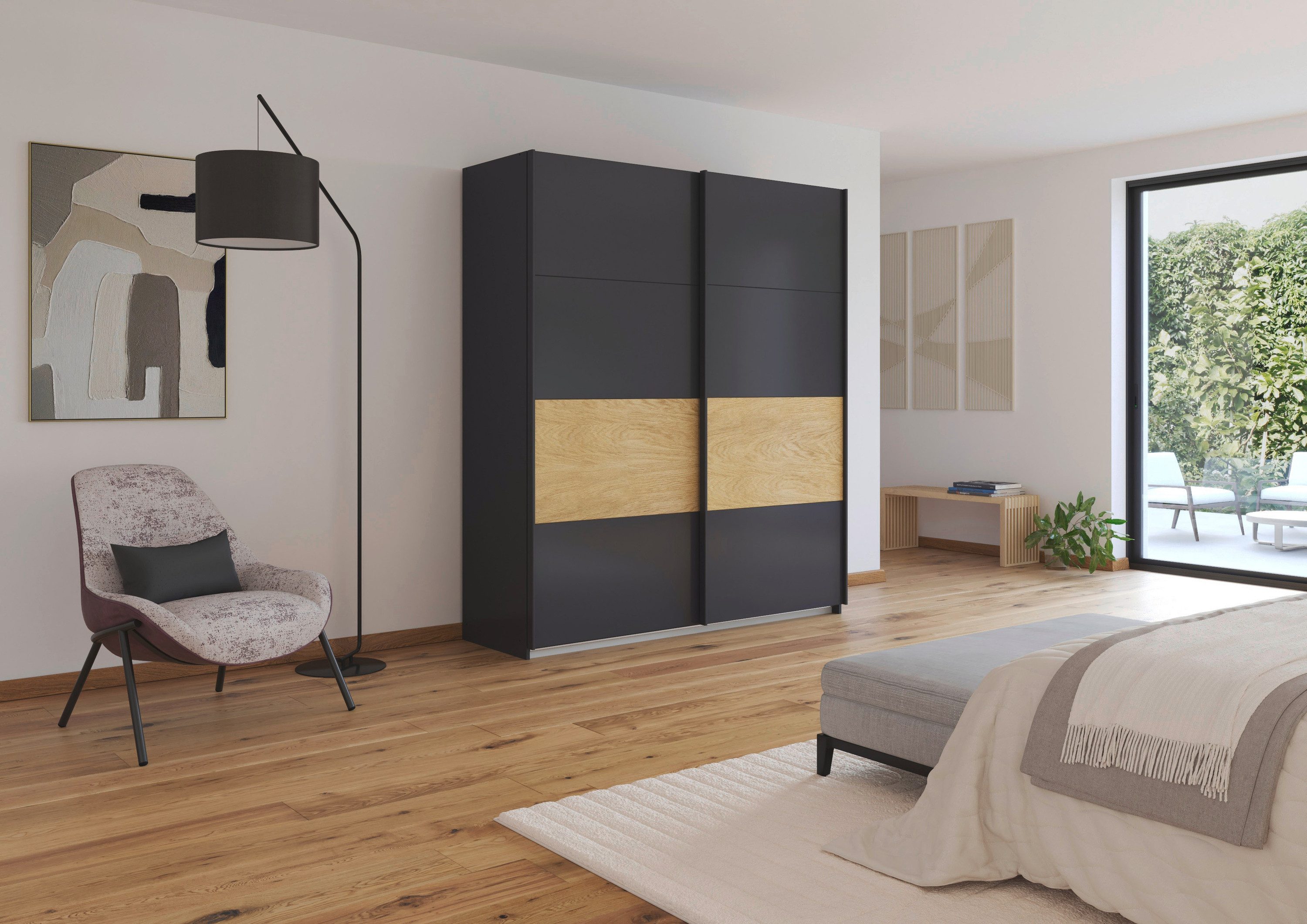 rauch Schuifdeurkast Kledingkast Kast Garderobe Slaapkamerkast MALVA Buikband afgewerkt in geborsteld eikenfineer MADE IN GERMANY