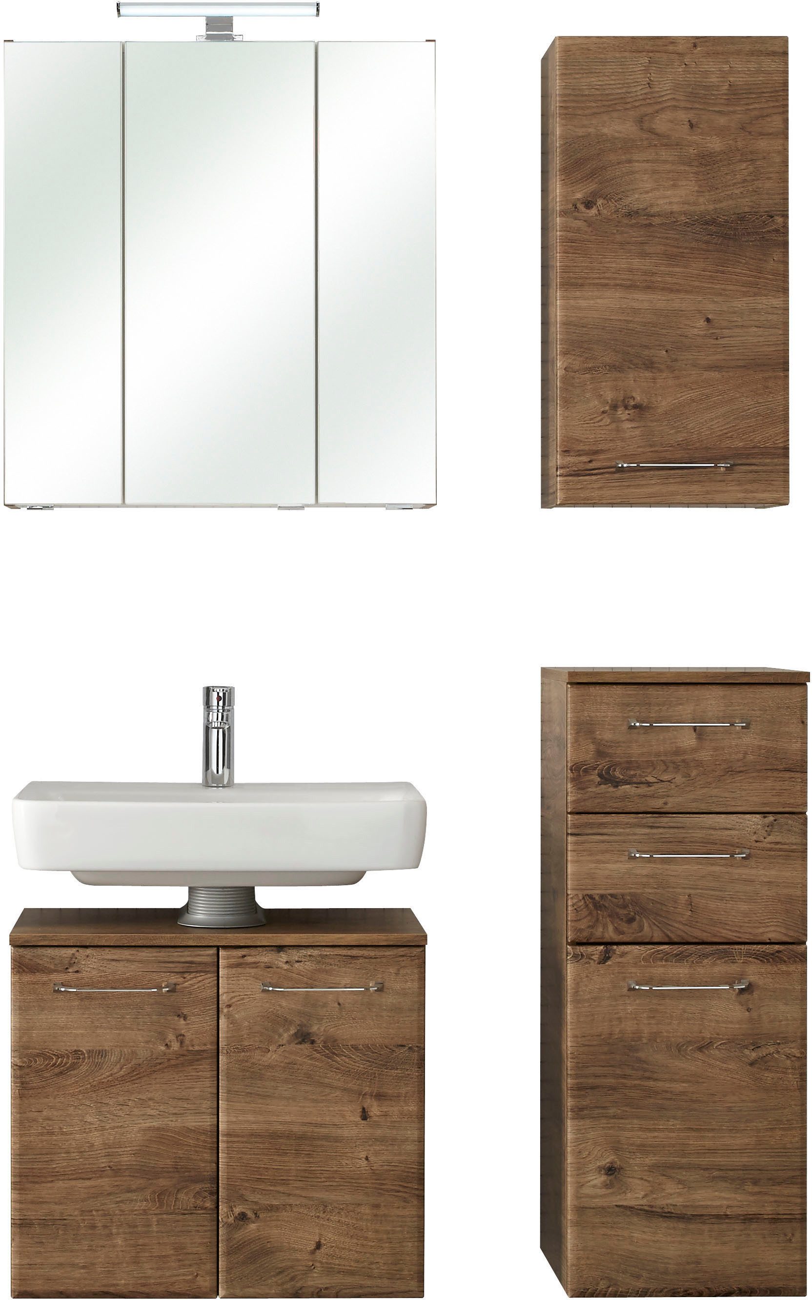 Saphir Badmeubelset Quickset 943 4-delig, glazen wastafel en LED-spiegelkast Badmeubels zonder wastafel, incl. deurdemper, 7 deuren, 2 lades (set, 4 stuks)