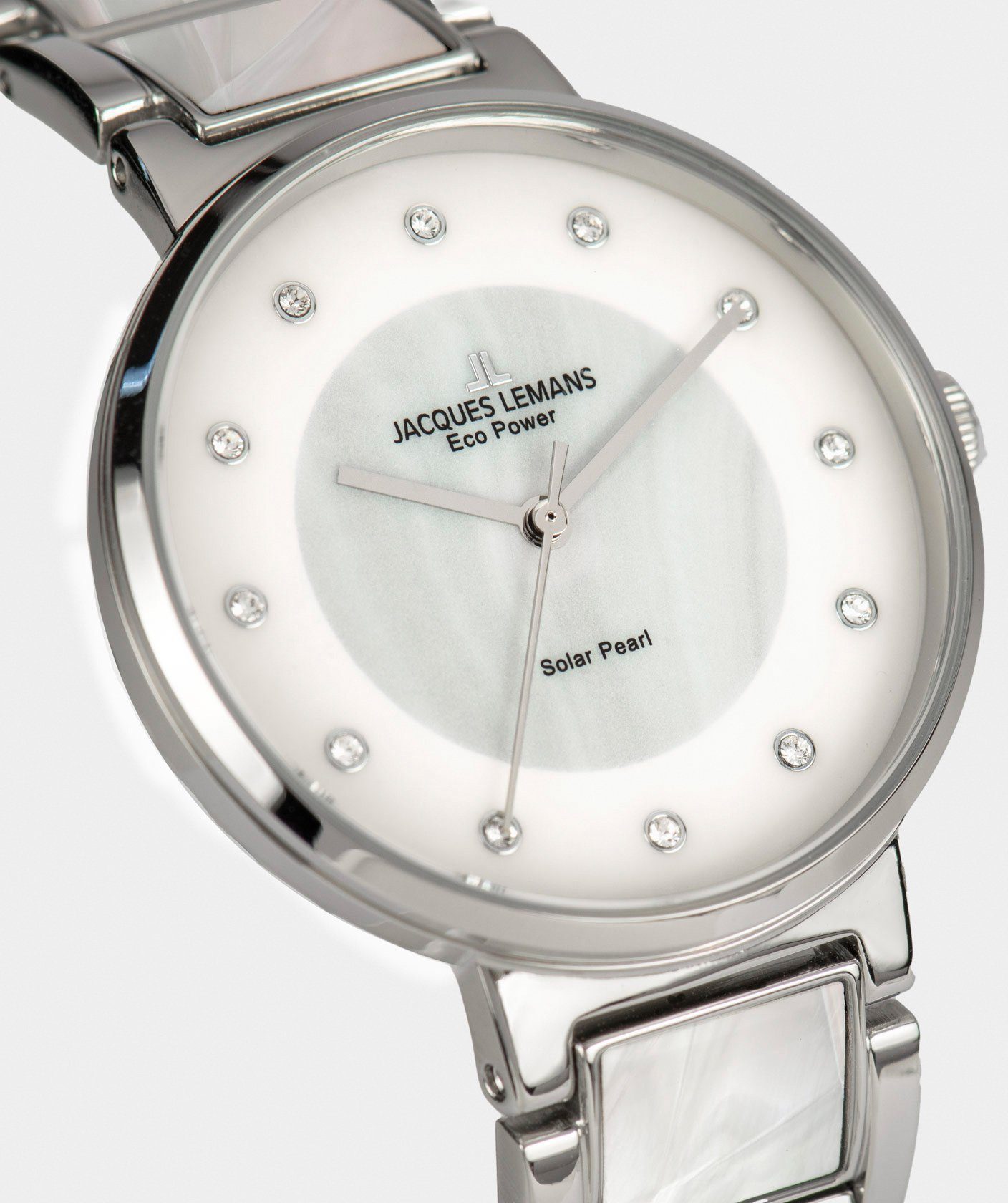 Jacques Lemans Solarhorloge Eco Power, 1-2108B Polshorloge, dameshorloge, parelmoer wijzerplaat, Swarovski-kristallen