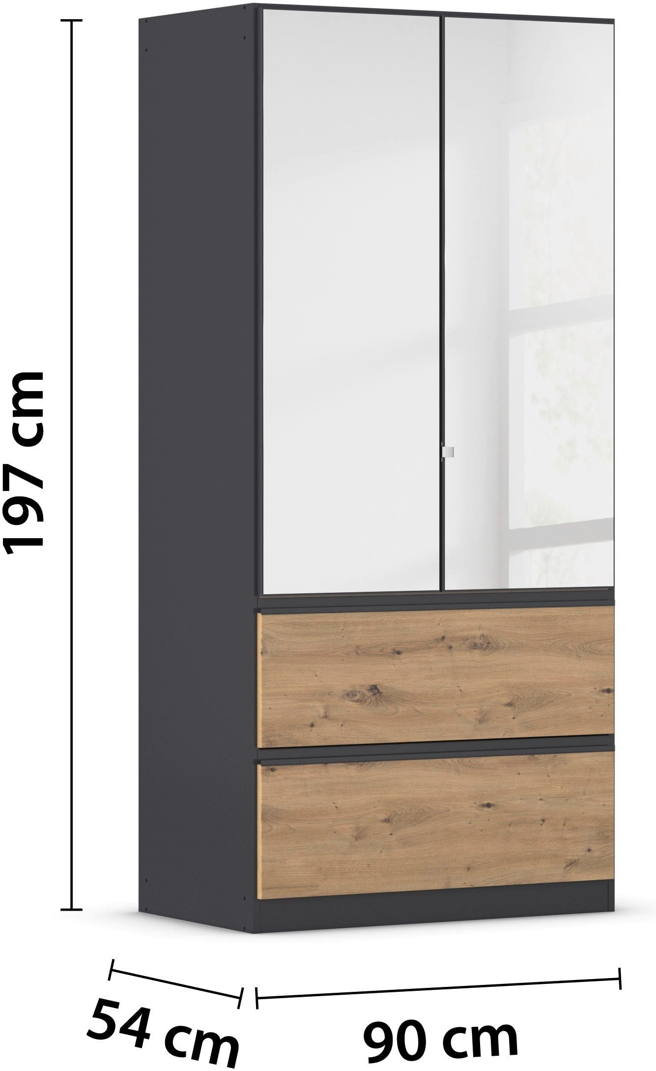 rauch Draaideurkast Kledingkast Kast Garderobe Wasmand COSTA in 3 Breedtes met spiegel, greeploos front en push-to-open functie made in germany