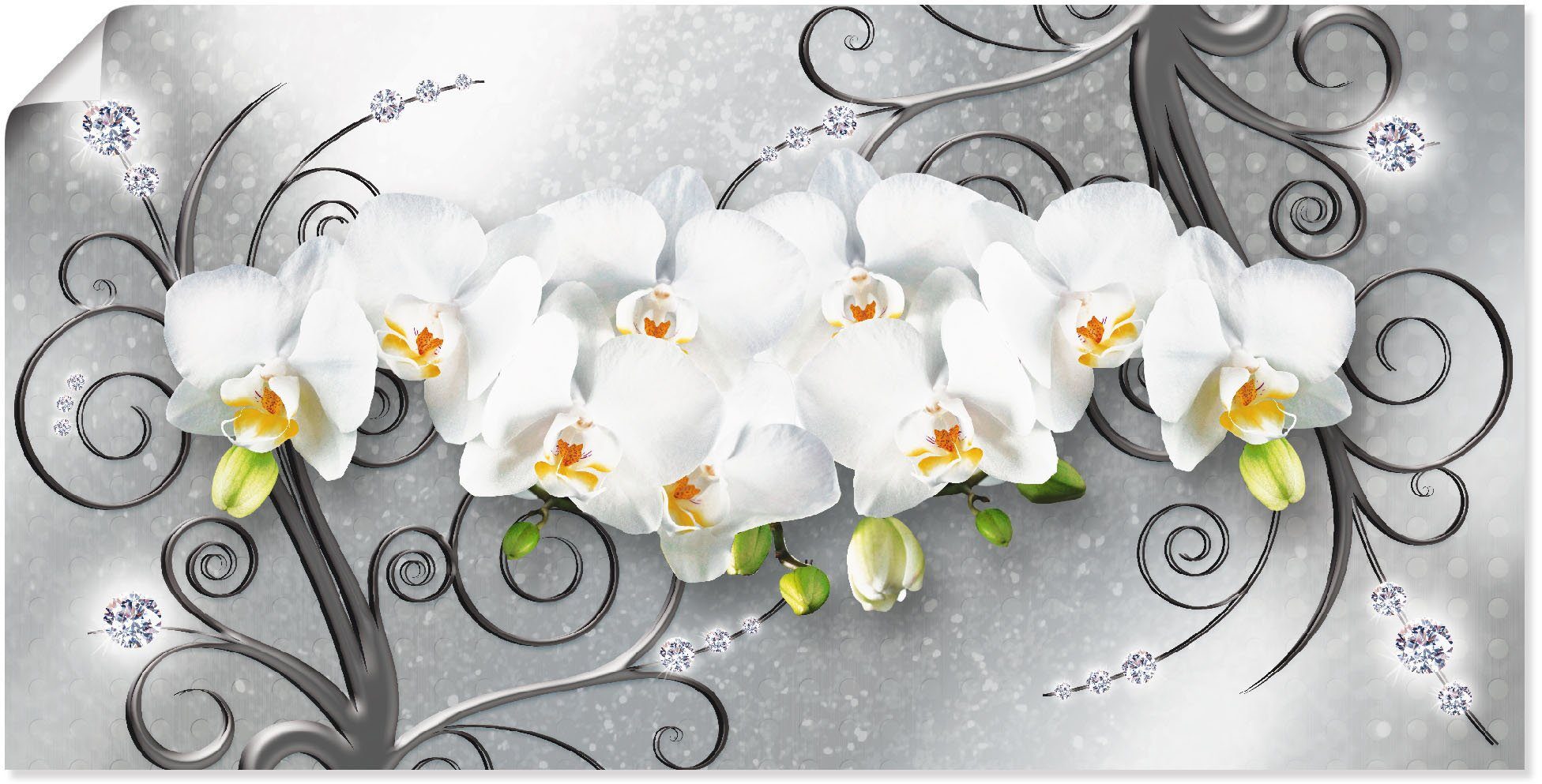 artland artprint witte orchideen op ornamenten als artprint van aluminium, artprint voor buiten, artprint op linnen, poster, muursticker grijs