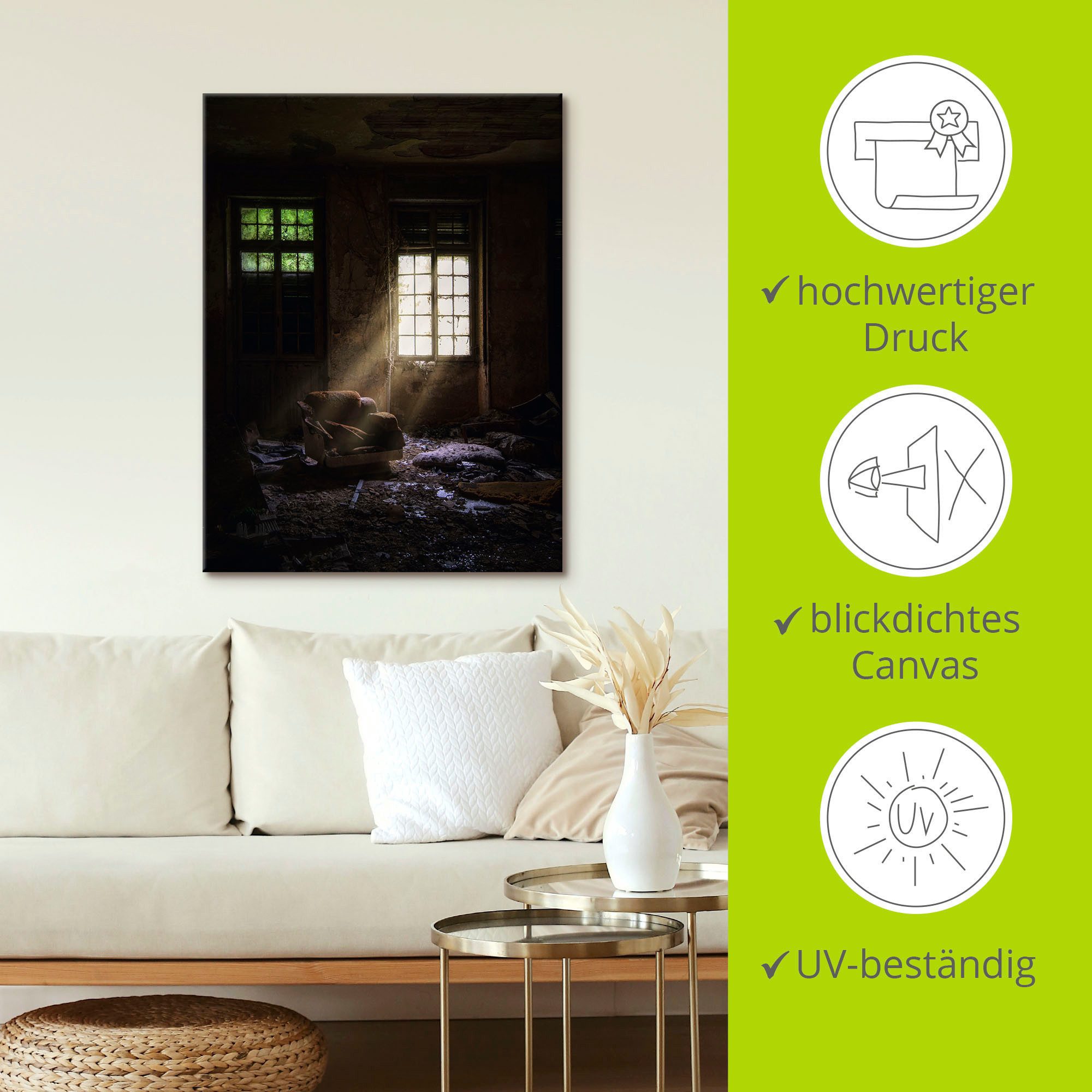 Artland Artprint Lost Place Bij het raam fauteuil als artprint van aluminium, artprint voor buiten, artprint op linnen in verschillende maten