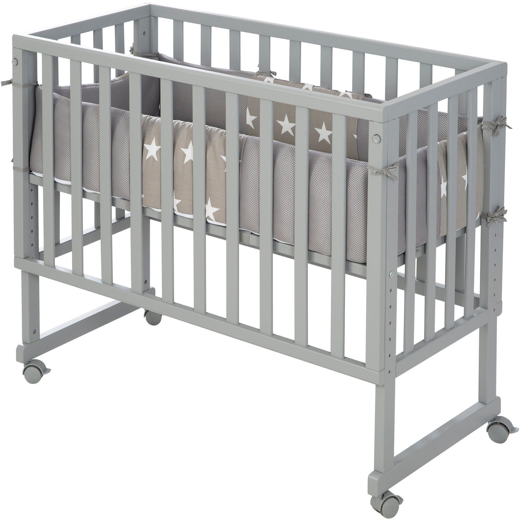 Roba® Wieg Safe Asleep® 2-in-1, taupe, Little sterren met 4 wieltjes, matras, hoofdbeschermer en veiligheidsbarrière