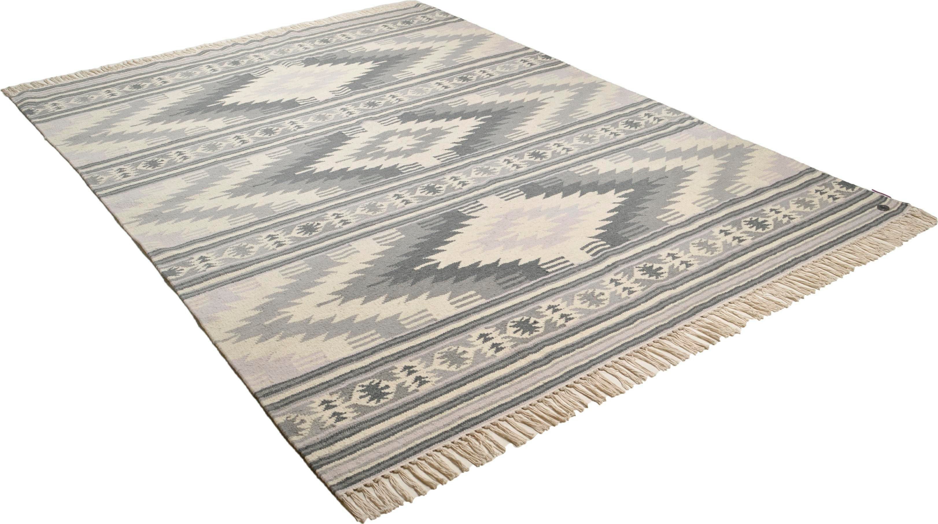 TOM TAILOR HOME Wollen kleed Kelim Colors I zuivere wol, robuust en slijtvast, met franje, boho-stijl wollen vloerkleden maat 160 cm x 230 cm x 5 mm