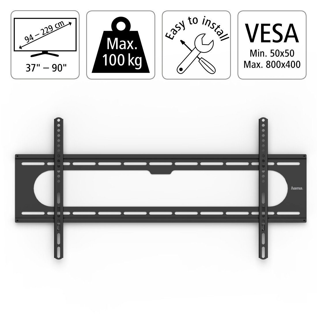 Hama Tv-wandhouder stijf, 94 - 229 cm (37" -90"), 43", 50", 55", 65", 75"