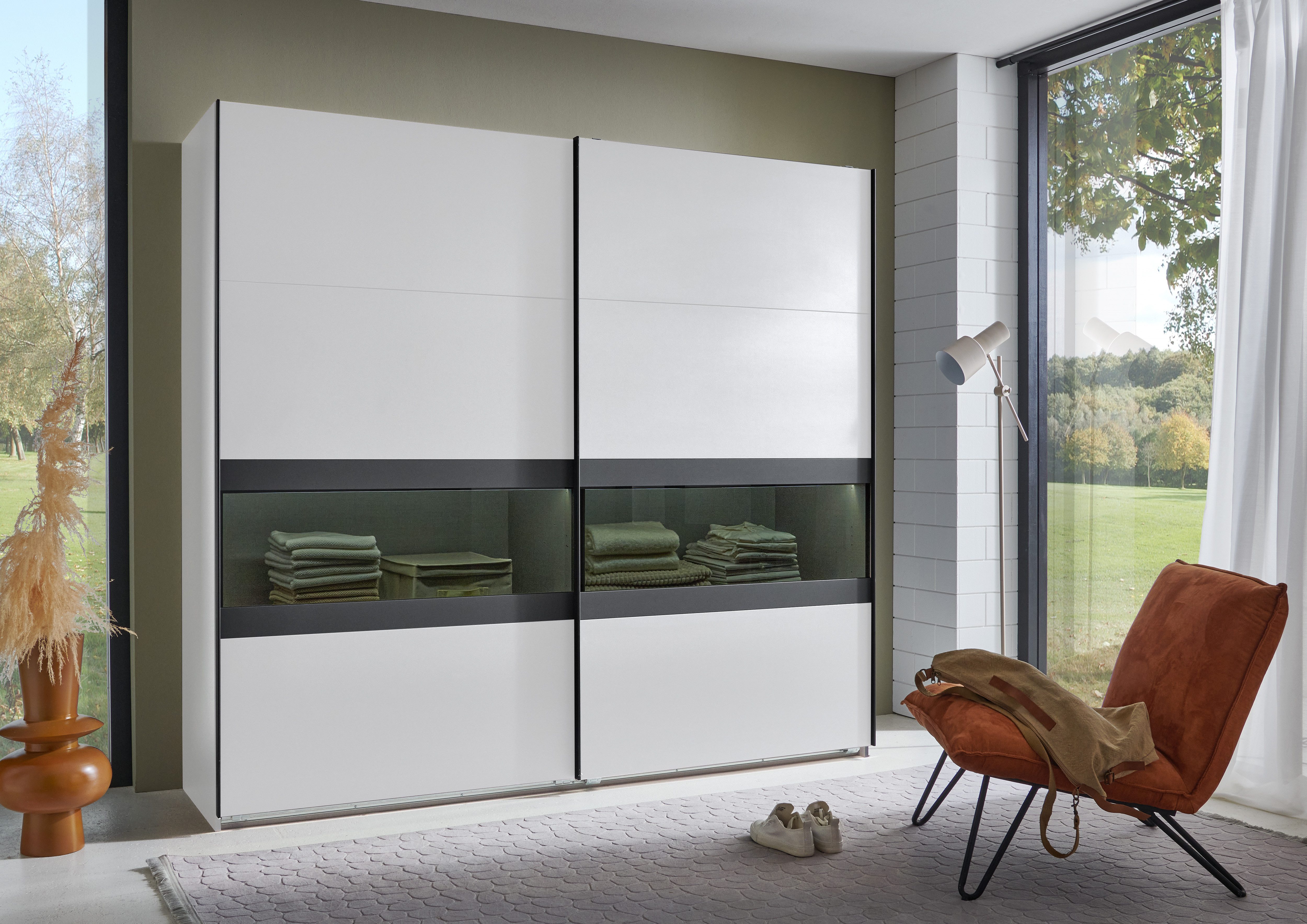 Wimex Schuifdeurkast Easy Plus, kledingkast Made in Germany met glazen inzet/ rookglas, vele breedtes beschikbaar, zwarte handgrepen
