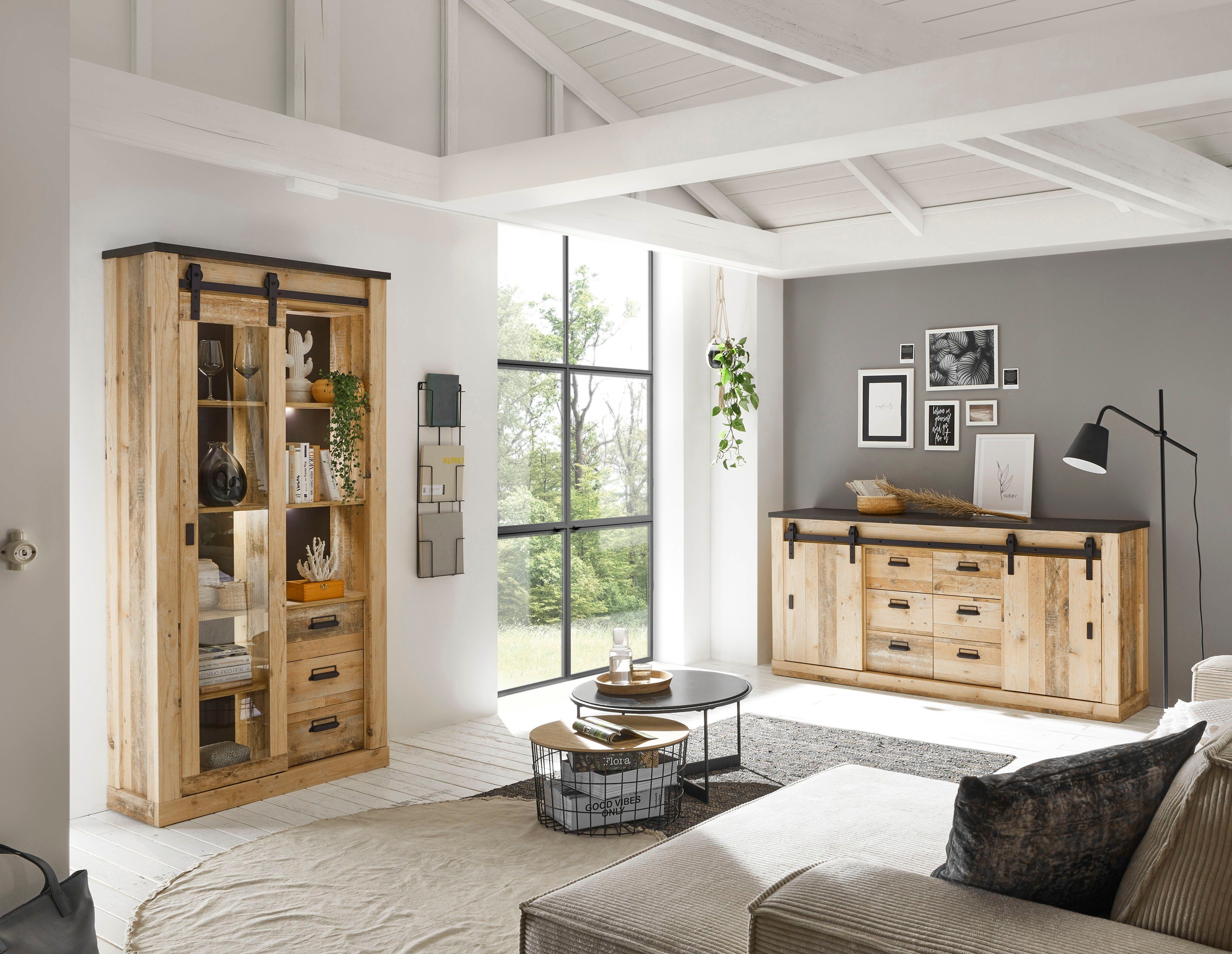 Home affaire Dressoir Sherwood modern houtdecor, met schuurdeurbeslag van metaal, breedte 201 cm