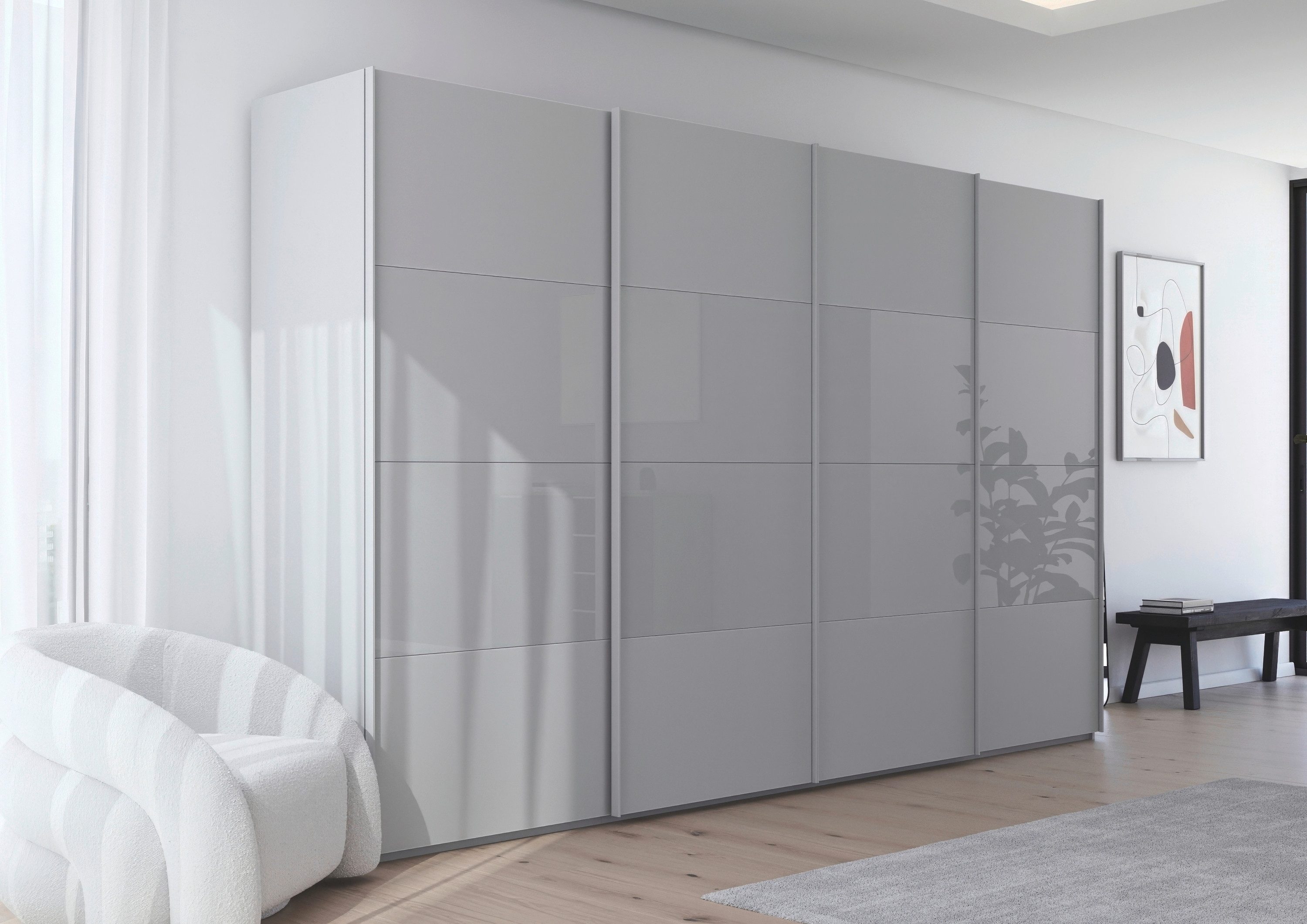 rauch Schuifdeurkast Kledingkast Kast Garderobe Slaapkamerkast SCALE-FYRA edel vierdelige deuren glas mat/glanzend veel kleuren made in germany