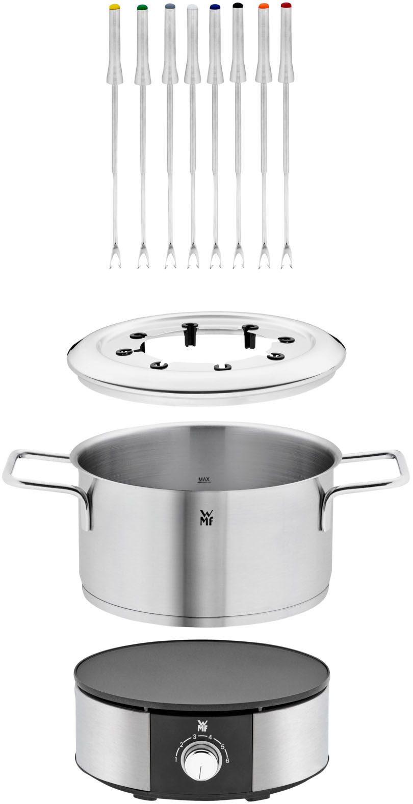 WMF Elektrische fonduepan LONO, met spatbeschermingsring, kleurgecodeerde fonduvorken