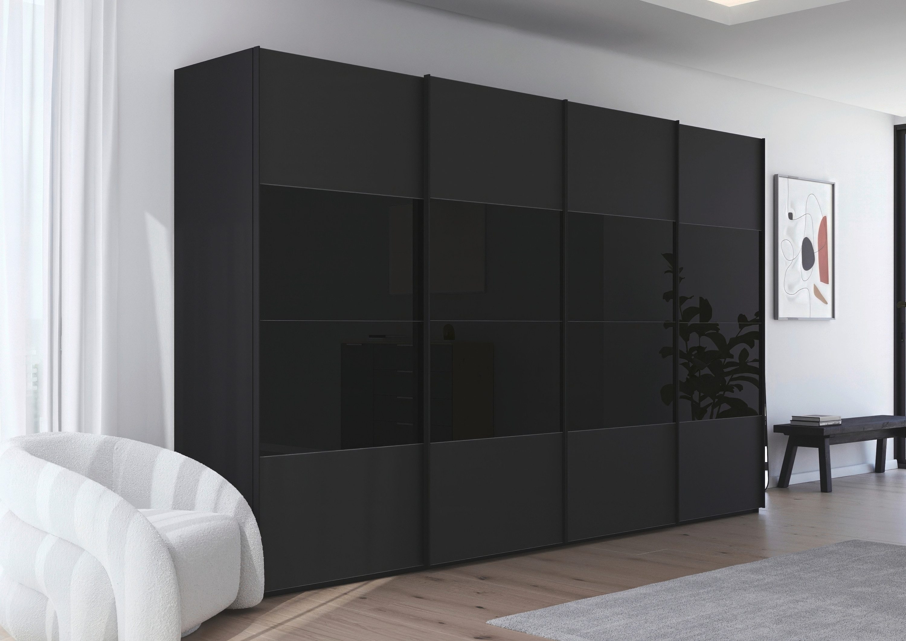 rauch Schuifdeurkast Kledingkast Kast Garderobe Slaapkamerkast SCALE-FYRA edel vierdelige deuren glas mat/glanzend veel kleuren made in germany