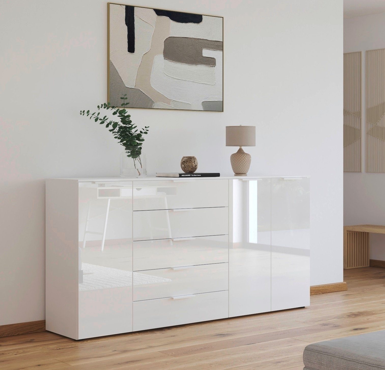 rauch Kast met laden en deuren Flipp kast sideboard waskast 3-deurs, 5 laden met soft-close functie en glazen front