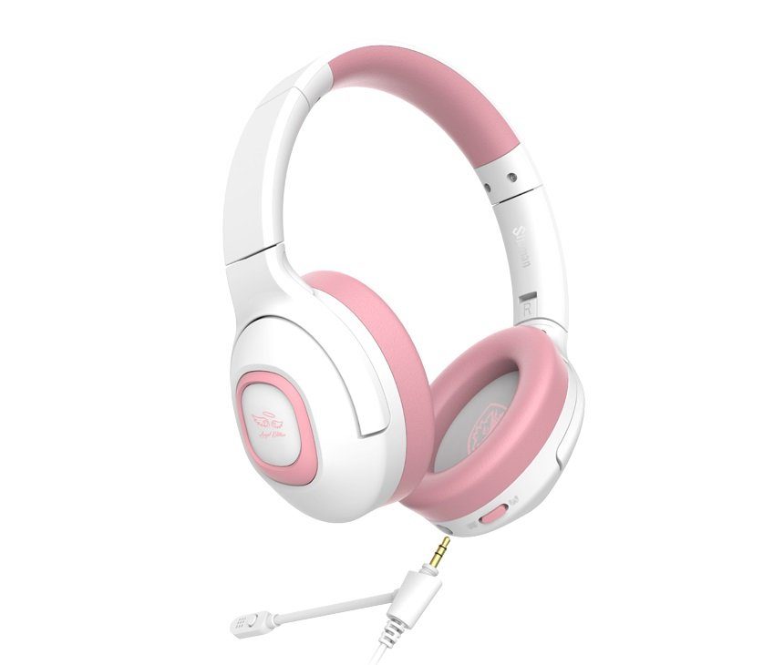 Sades Gaming-headset Shaman SA-724 gaming headset, wit/roze, USB, bedraad Stereo, over-ear, PC, PST, Xbox, Nintendo Switch, VR, Telefoon