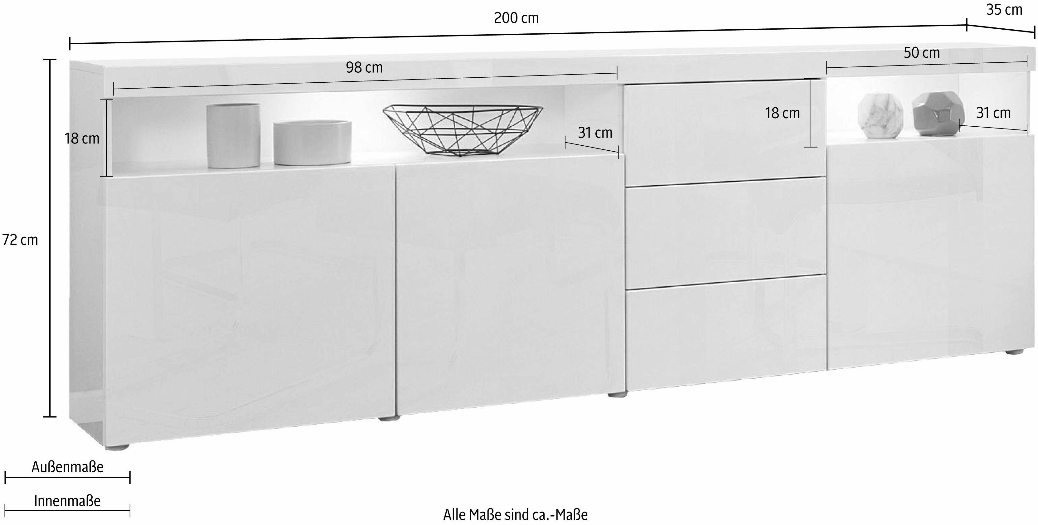 borchardt Möbel Dressoir Kaapstad Breedte 200 cm met 3 lades