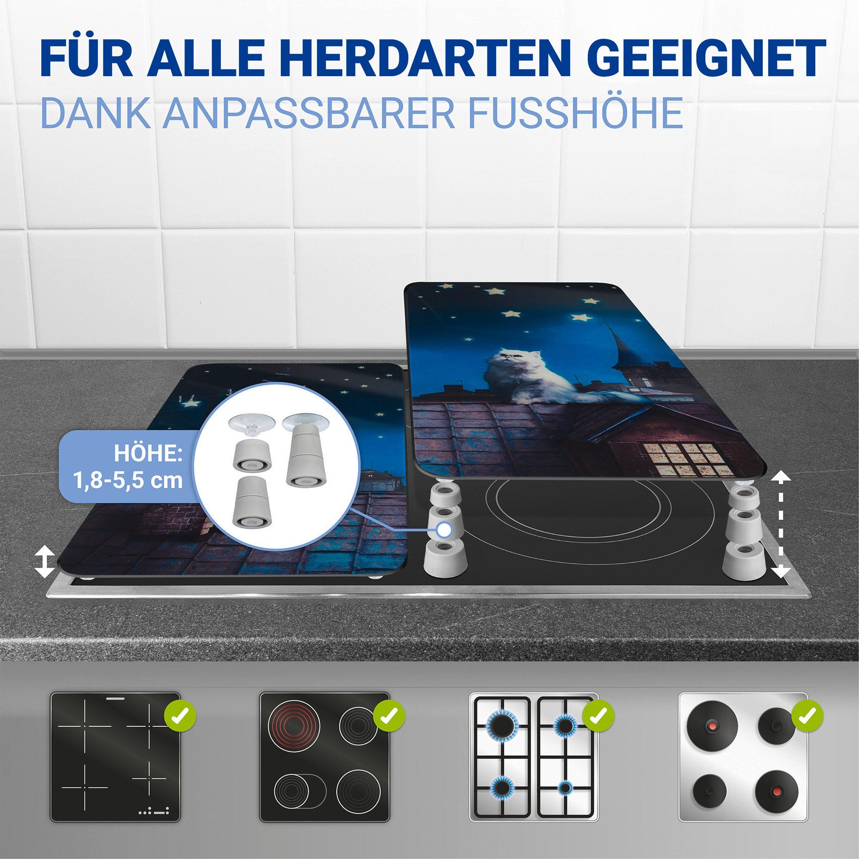 WENKO Kookplaatdeksel Universeel Model Maan Kat Kookplaatafdekking voor alle soorten kookplaten, krasvast, met antislipvoetjes (set, 2-delig)