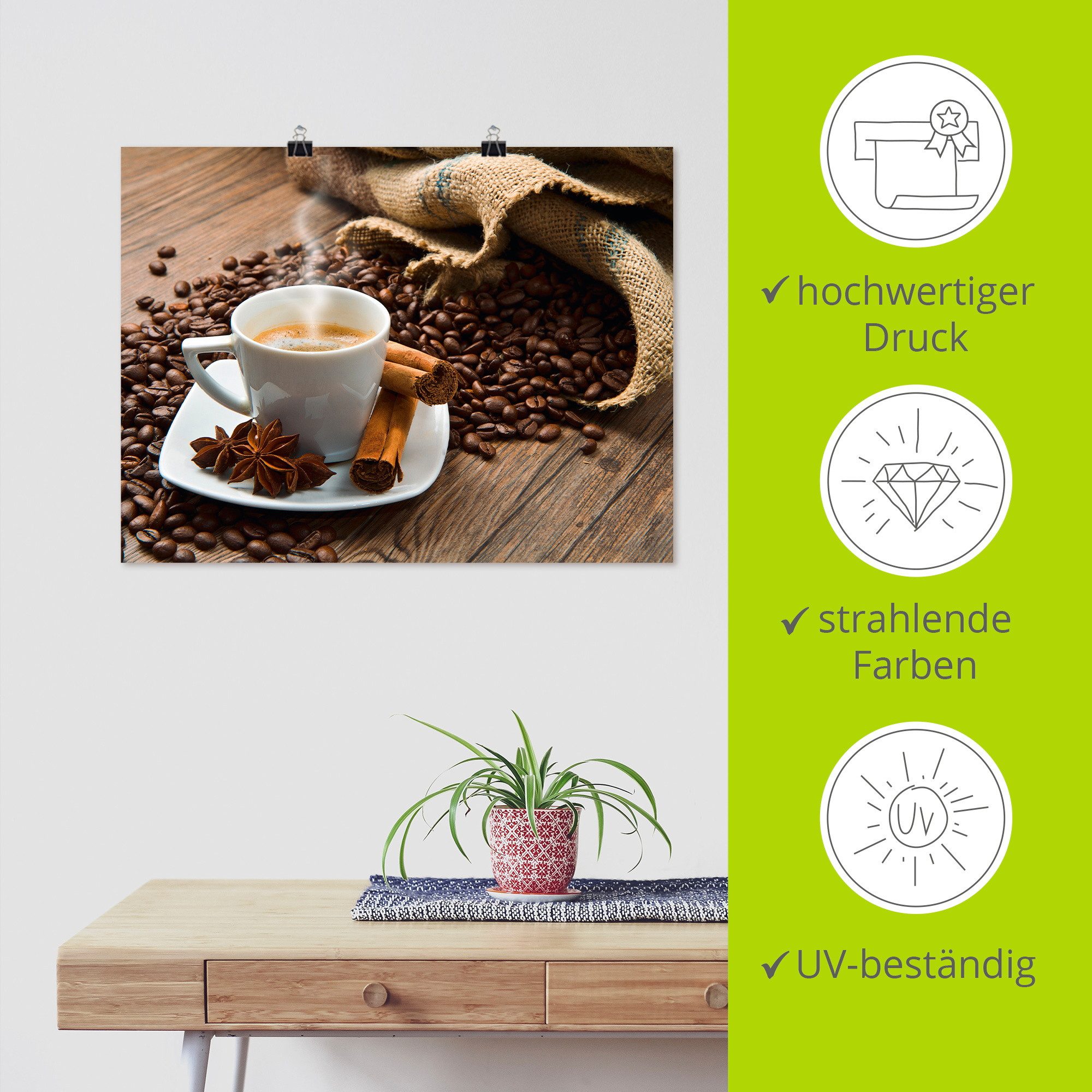 Artland Artprint Koffiekopje linnen zak met koffiebonen als artprint op linnen, poster in verschillende formaten maten