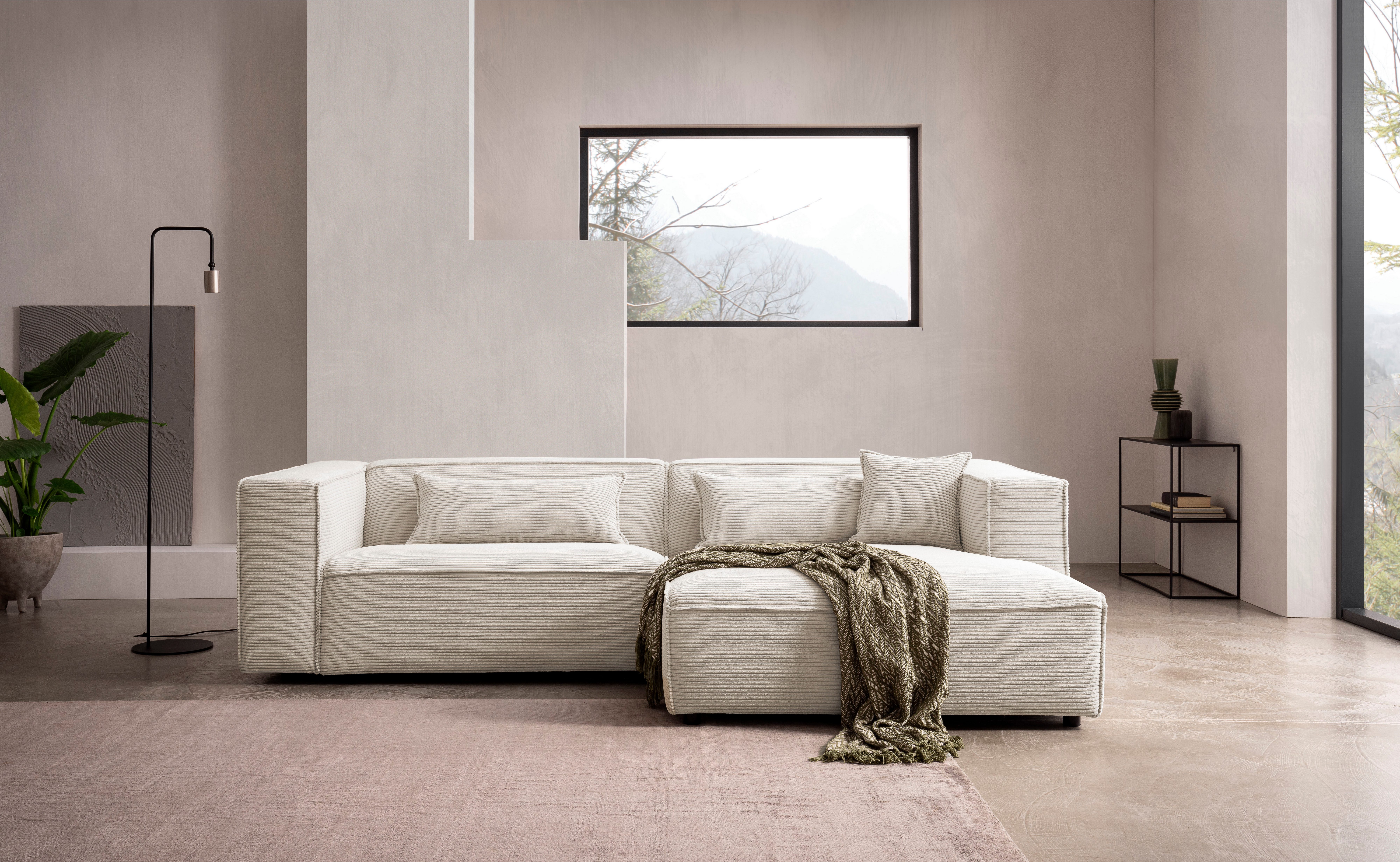 LeGer Home by Lena Gercke Hoekbank PIARA met biesnaad in cord of linnenlook, moderne bank in L-vorm keuze ottomaan rechts/links, zwarte voeten, comfortabel zitcomfort