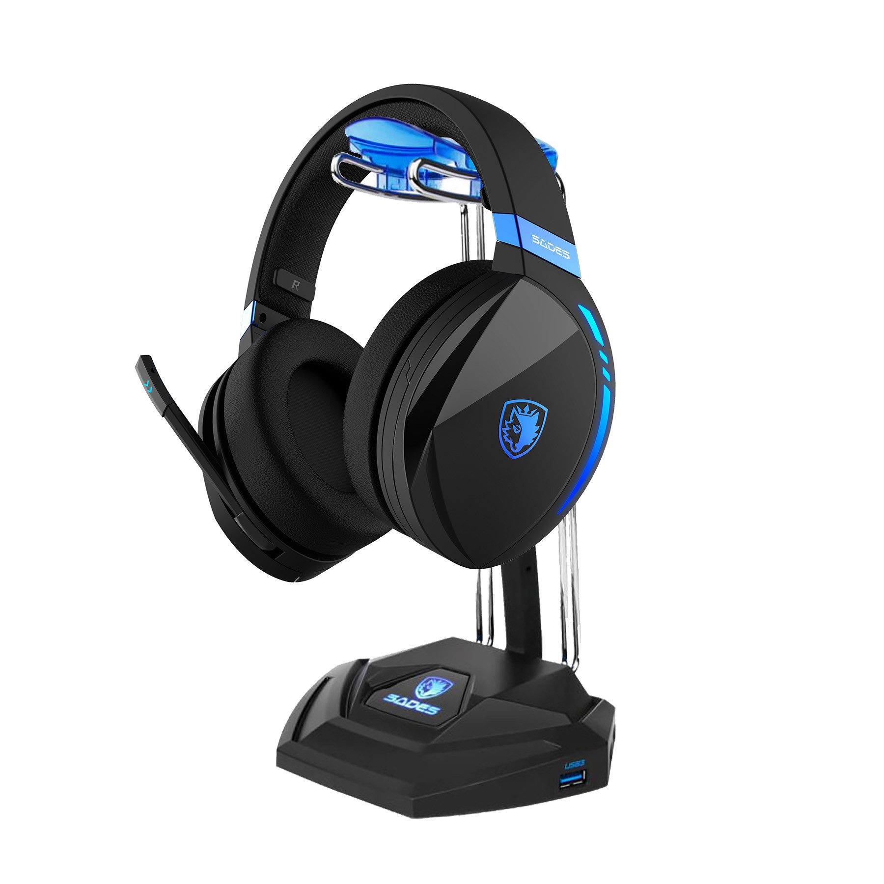 Sades Gaming-headset Warden I SA-201 draadloos, zwart/blauw, USB inclusief anubis' staff...