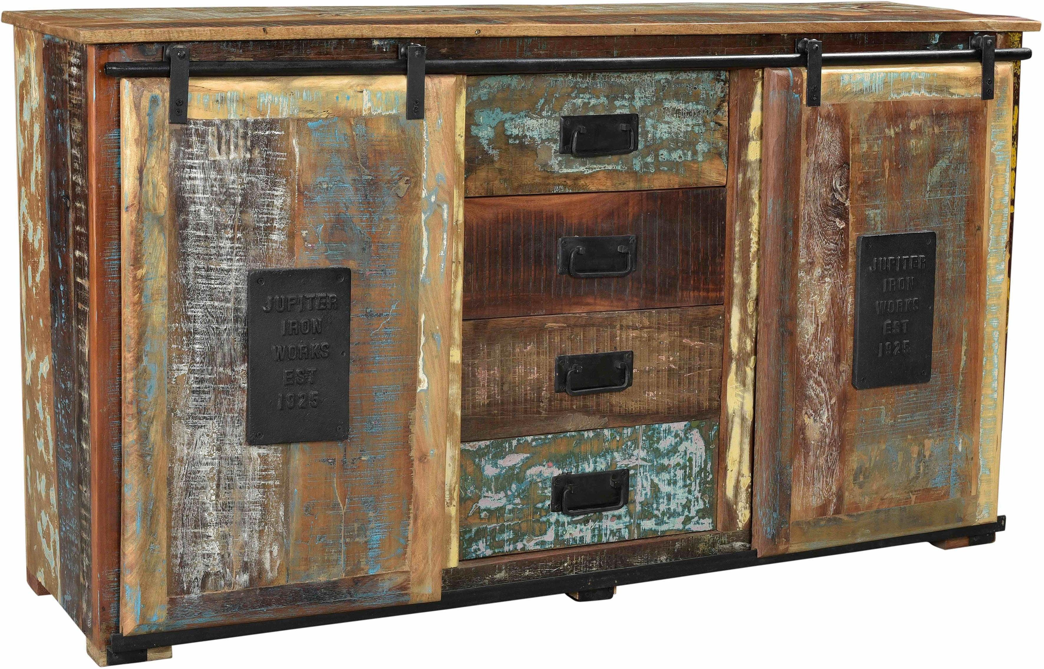SIT Dressoir JUPITER van gerecycled gebruikt hout, shabby chic, vintage dressoirs maat 150x38x81 cm multicolor