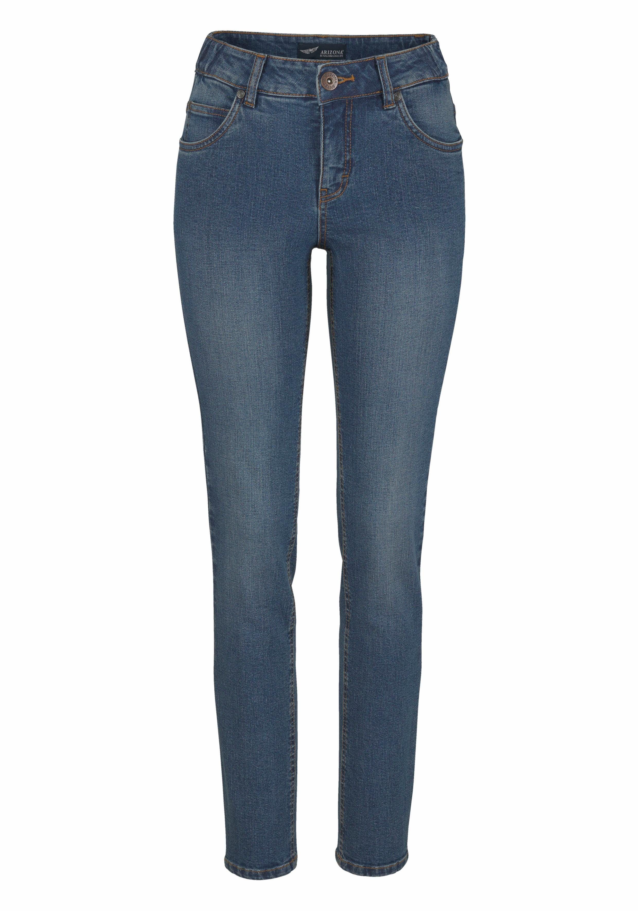 Arizona Slim fit jeans Tailleband met zij-elastiek inzet smalle pasvorm, skinny jeans, used-wassing, hoge taille