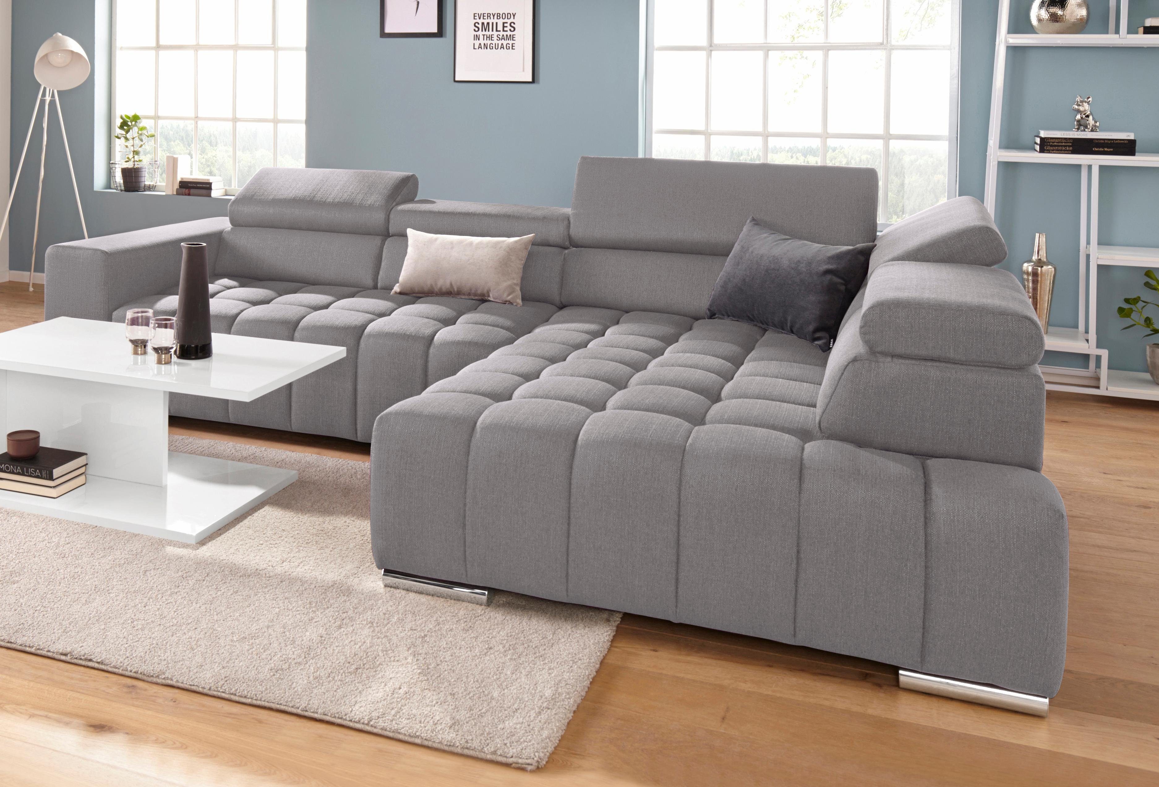Exxpo - sofa fashion Hoekbank Elias, actuele kruissteek in de zitting, comfortabel, L-vorm met verstelbare hoofdsteun resp. rugleuning, naar keuze met slaapfunctie