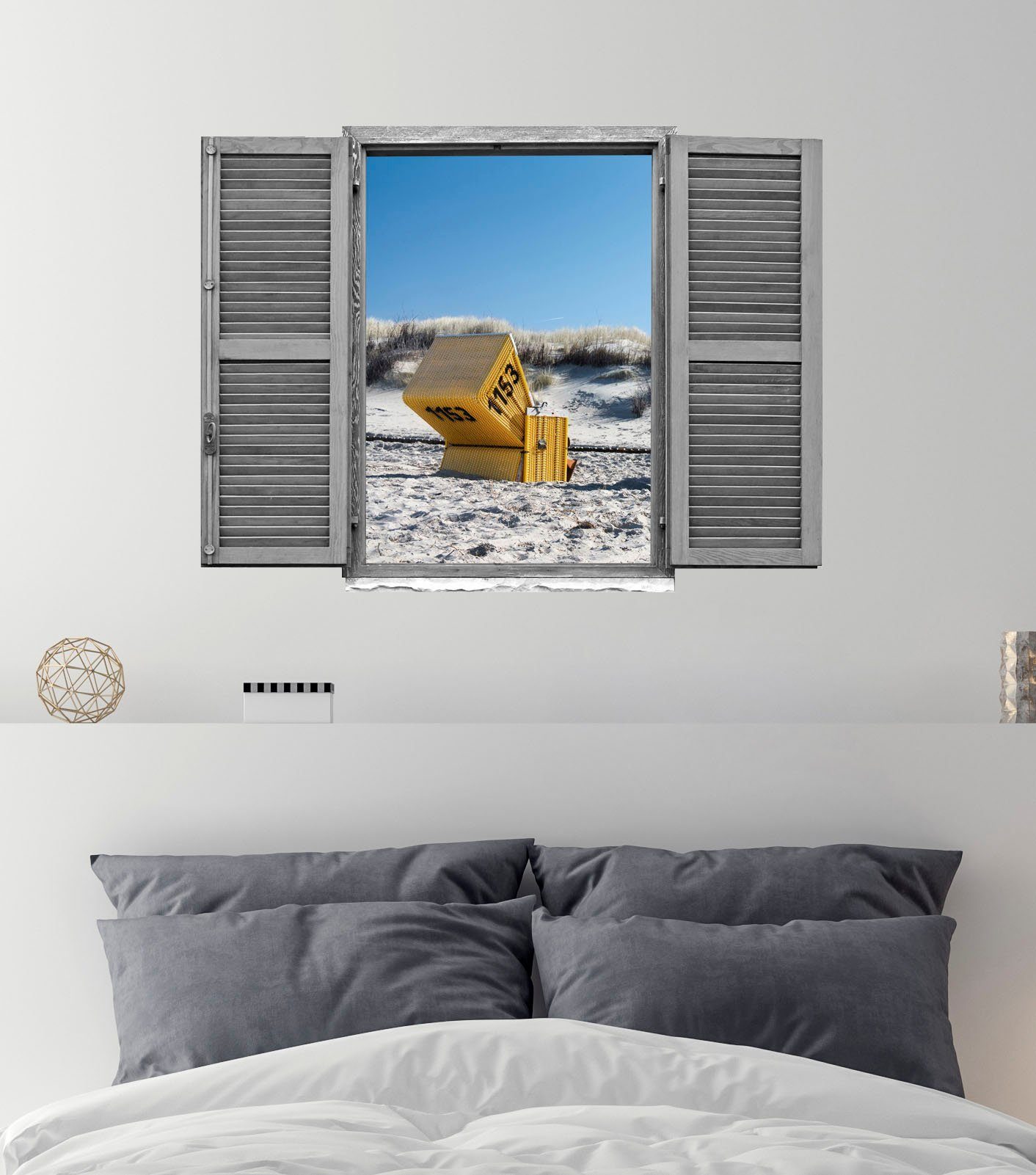 queence Wandfolie Strandstoel Muursticker, muurdecoratie, zelfklevend, 3D, raam (1 stuk)