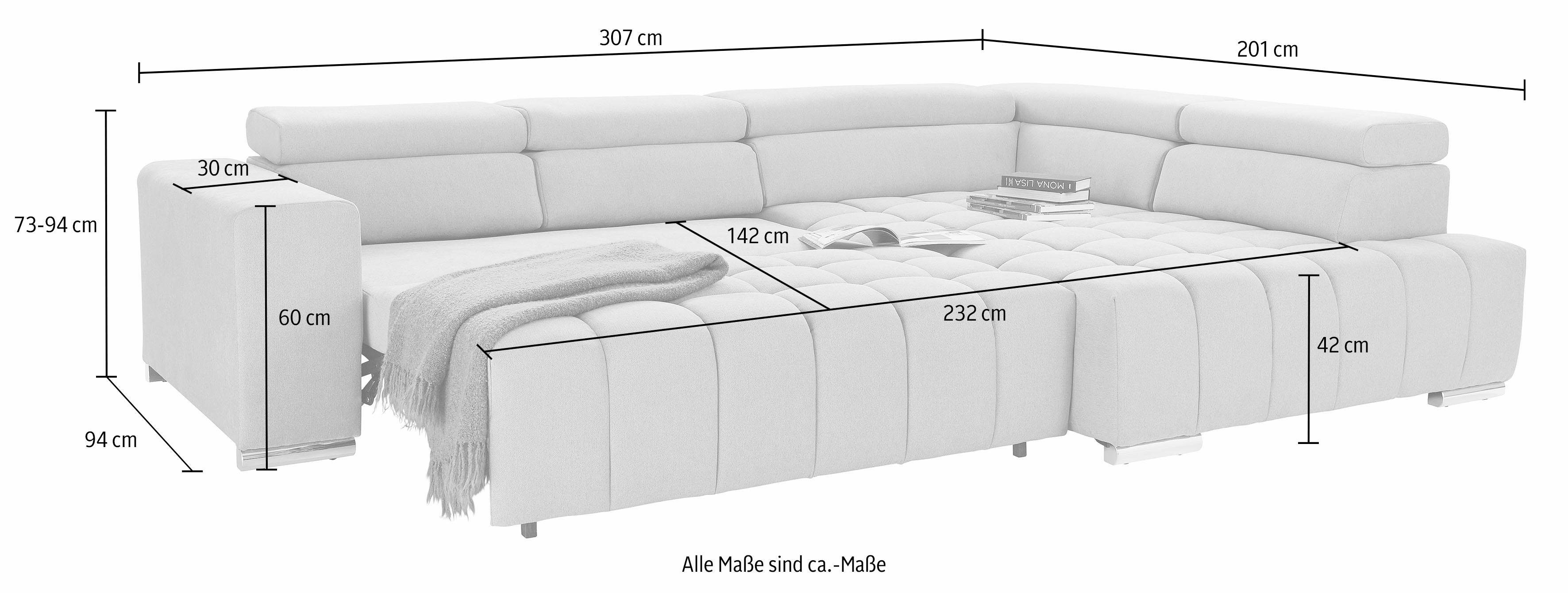 exxpo - sofa fashion Hoekbank Elias, actuele kruissteek in de zitting, comfortabel, L-vorm met verstelbare hoofdsteun resp. rugleuning, naar keuze met slaapfunctie