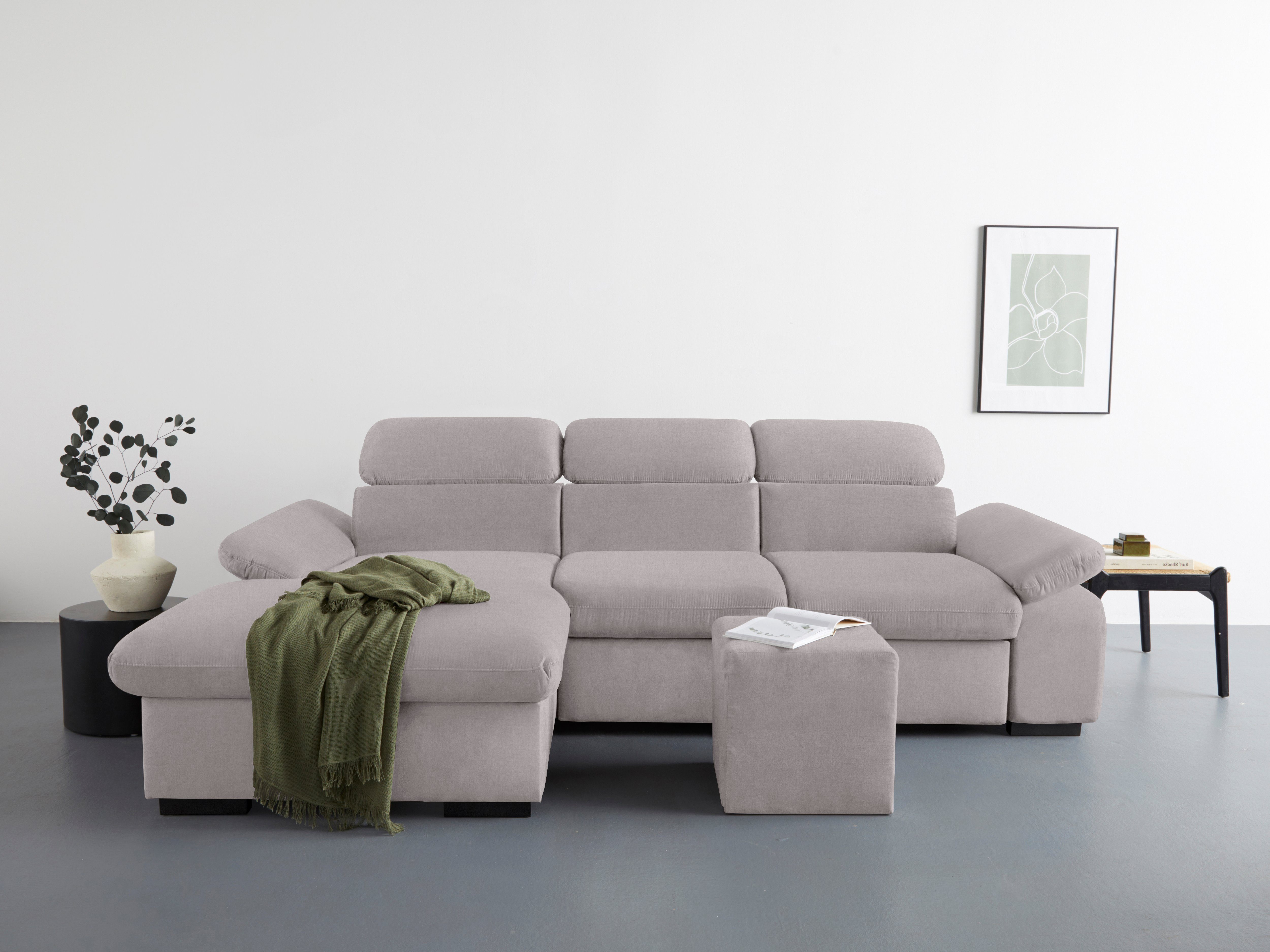 COTTA Hoekbank Lola L-vorm met hoofdeinde-functie & poef keuze met bedfunctie, bedlade & armleuningverstelling (set)