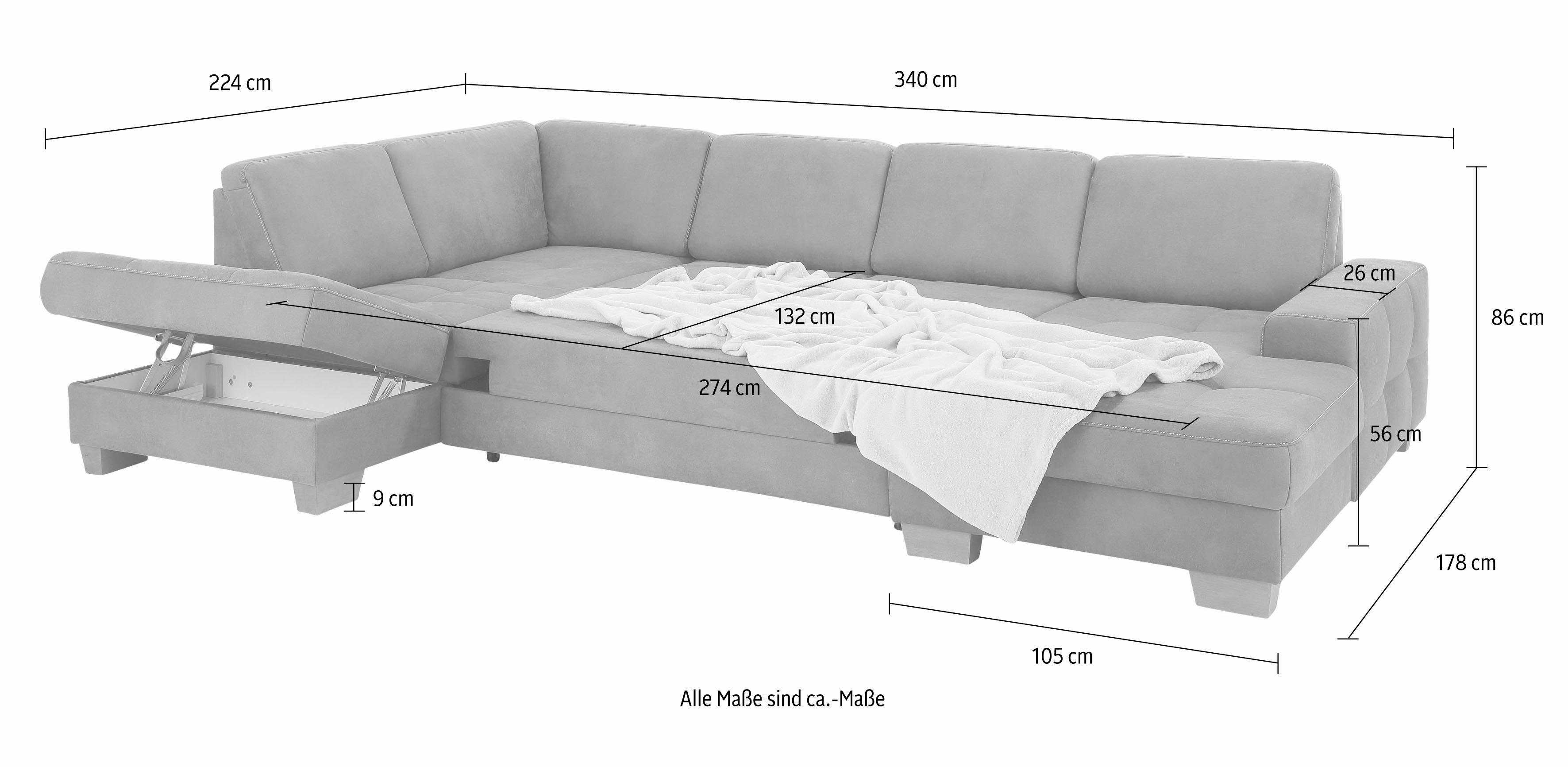 Home affaire Zithoek Puccini U-vorm met binnenvering, zitdiepteverstelling, contrastnaad